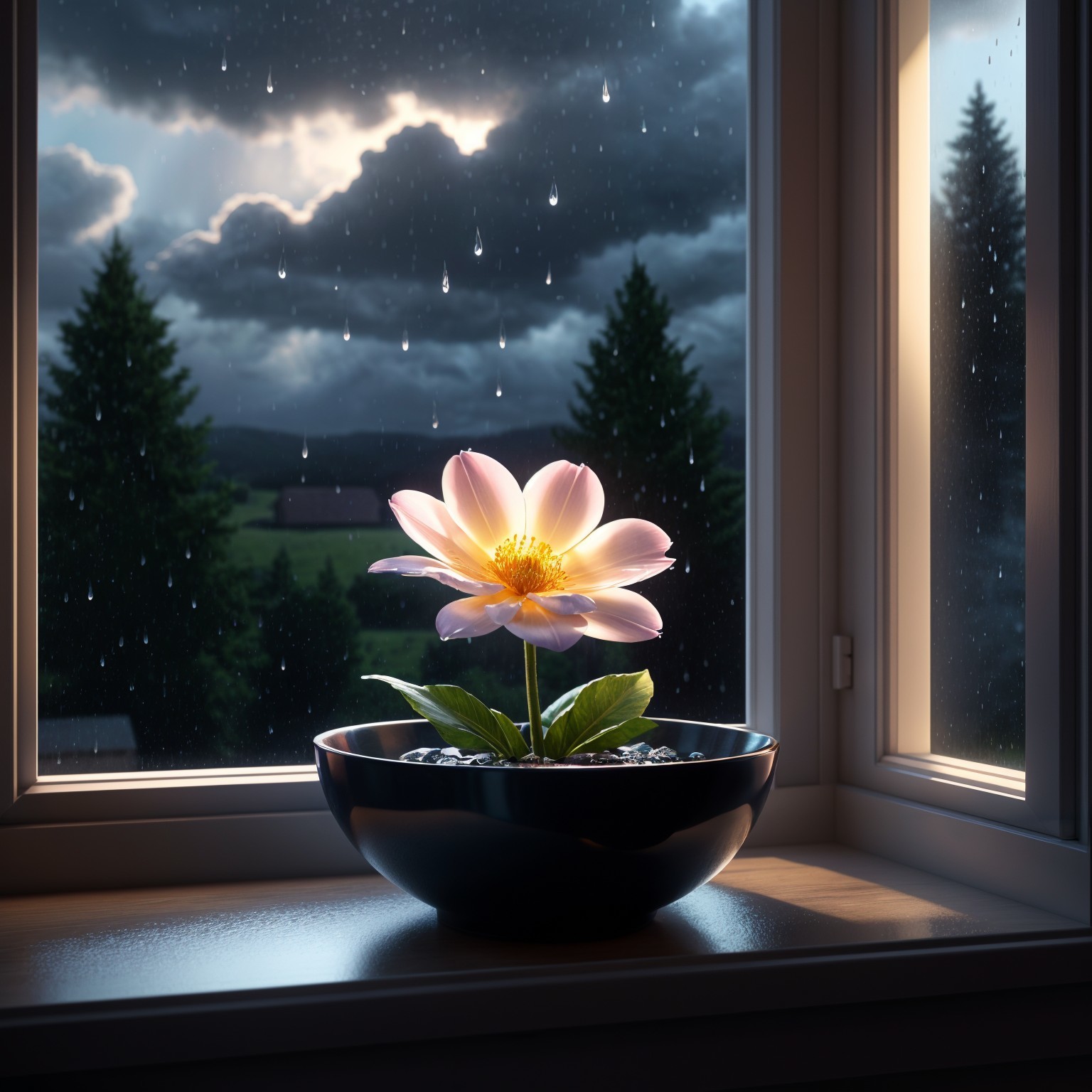 Lotus Flower in Dark Bowl on Rainy Windowsill