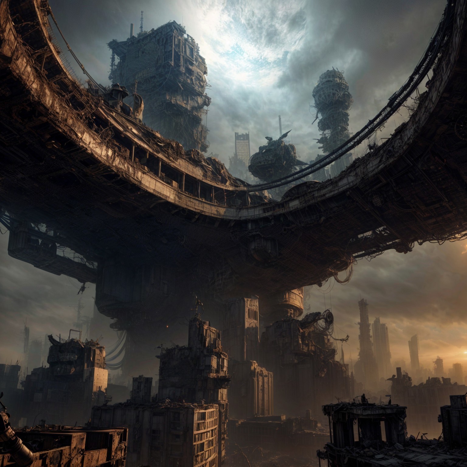 Dystopian Cityscape with Decaying Structures and Clouds