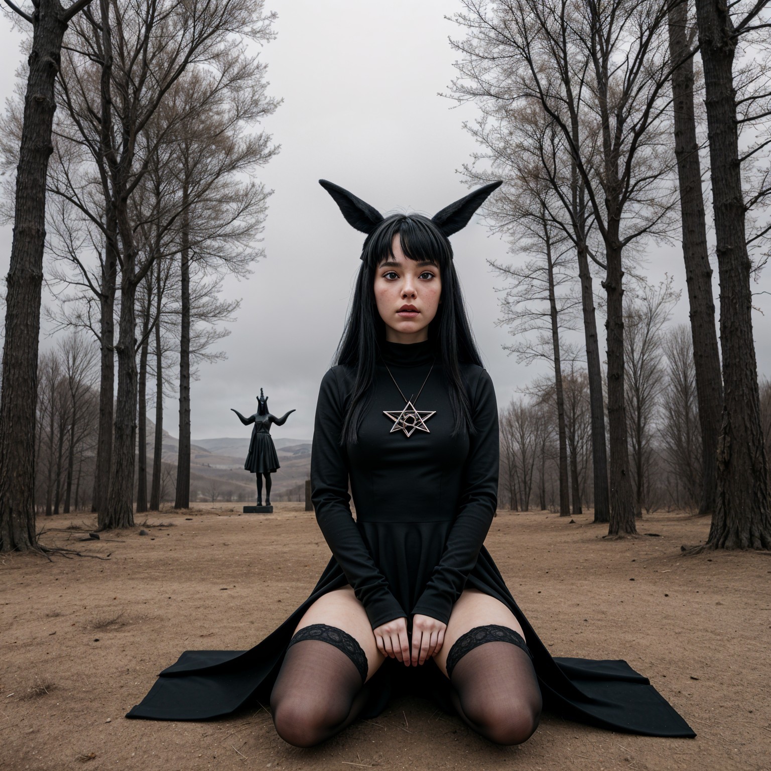 Young woman in black dress with gothic background scene
