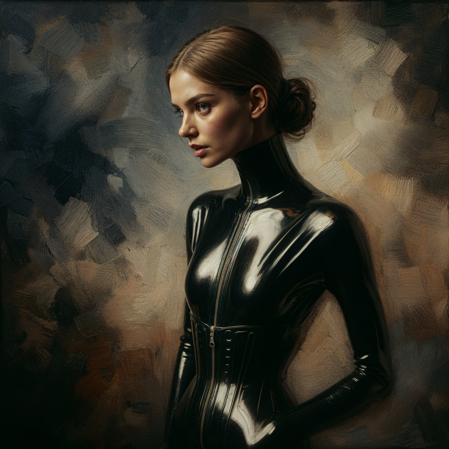 Woman in Black Latex Outfit Against Textured Background