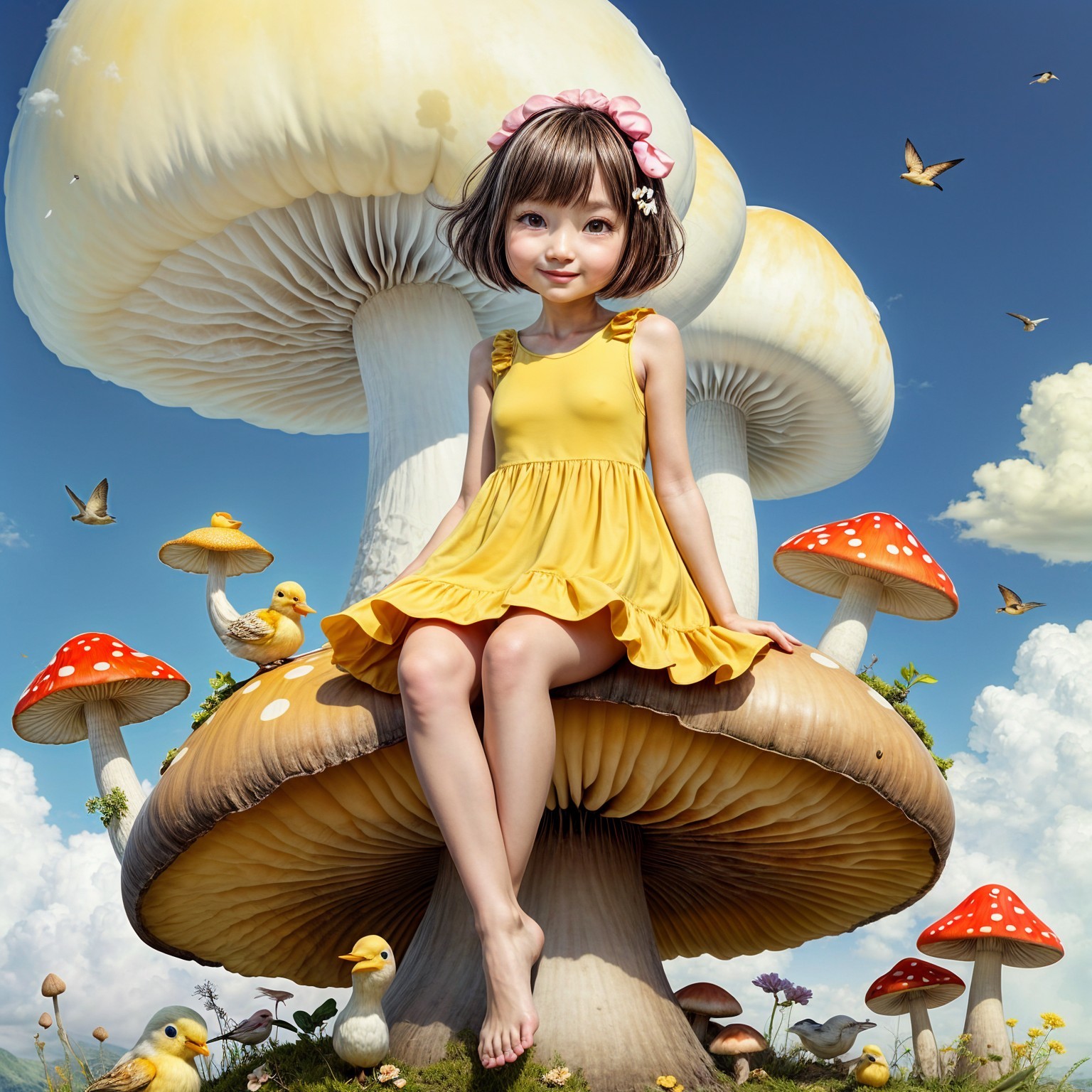 Whimsical Landscape with Girl on Giant Mushroom