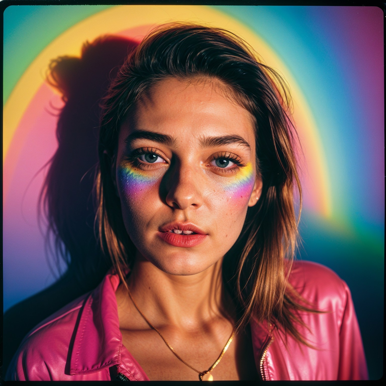 Young woman with rainbow makeup and pink jacket