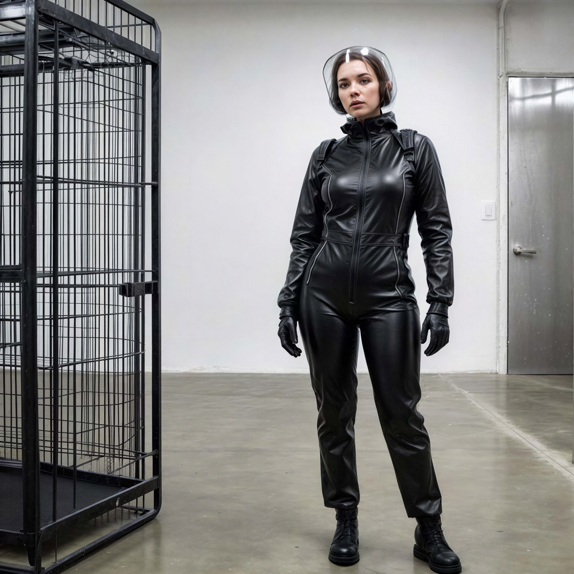 Attractive Woman in Black Leather Jumpsuit Indoors