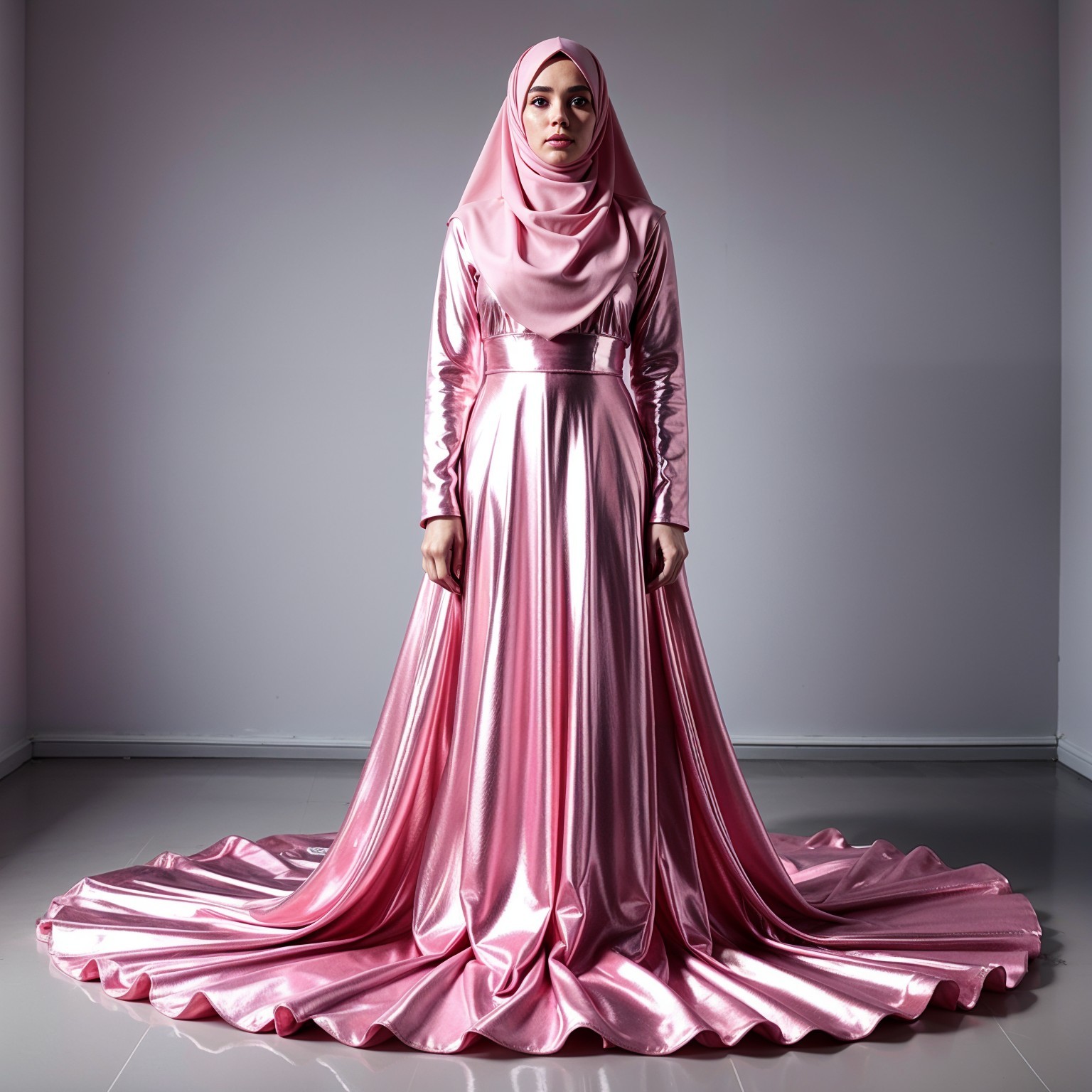 Elegant Woman in Pink Satin Gown with Long Train