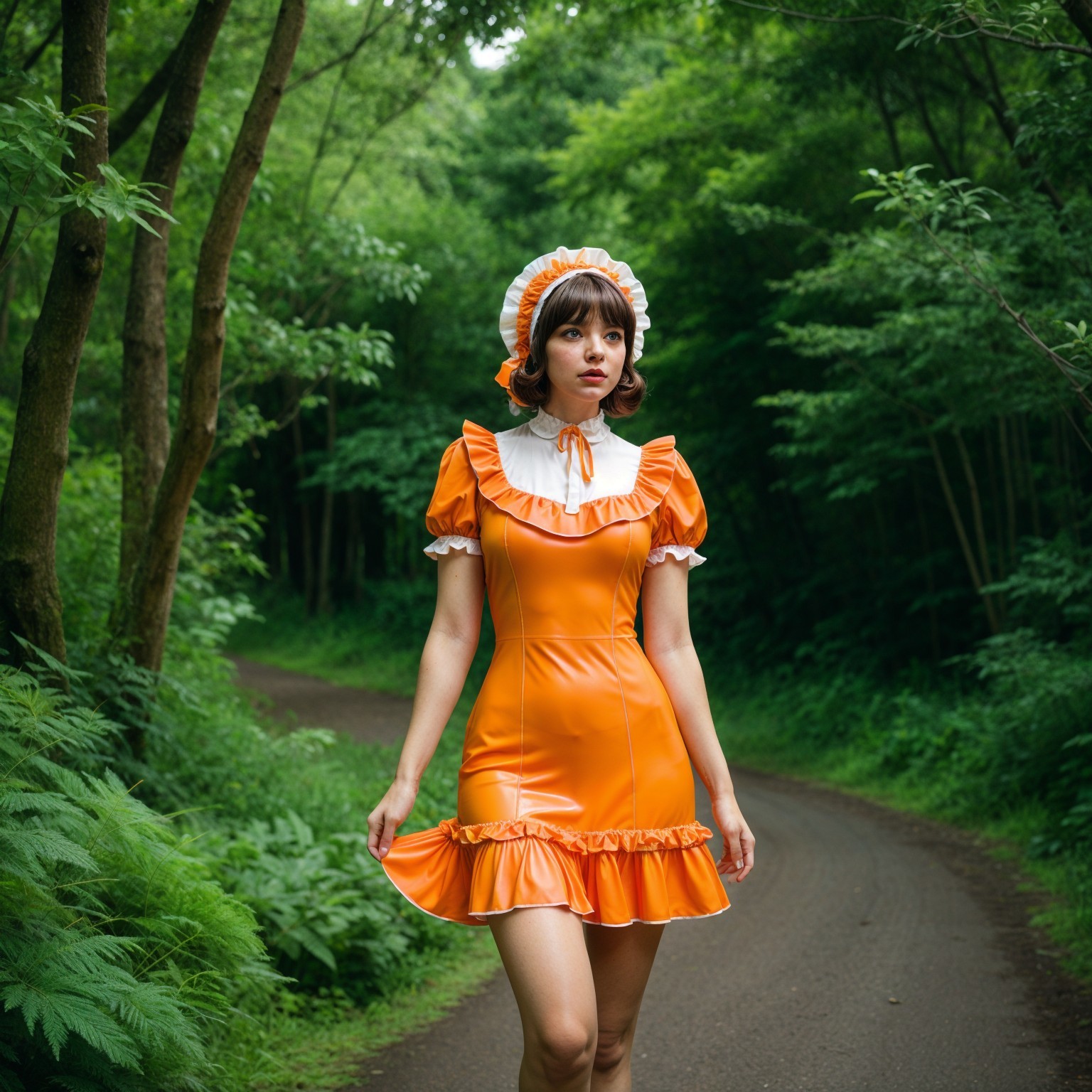 Young woman in orange dress on tree-lined path