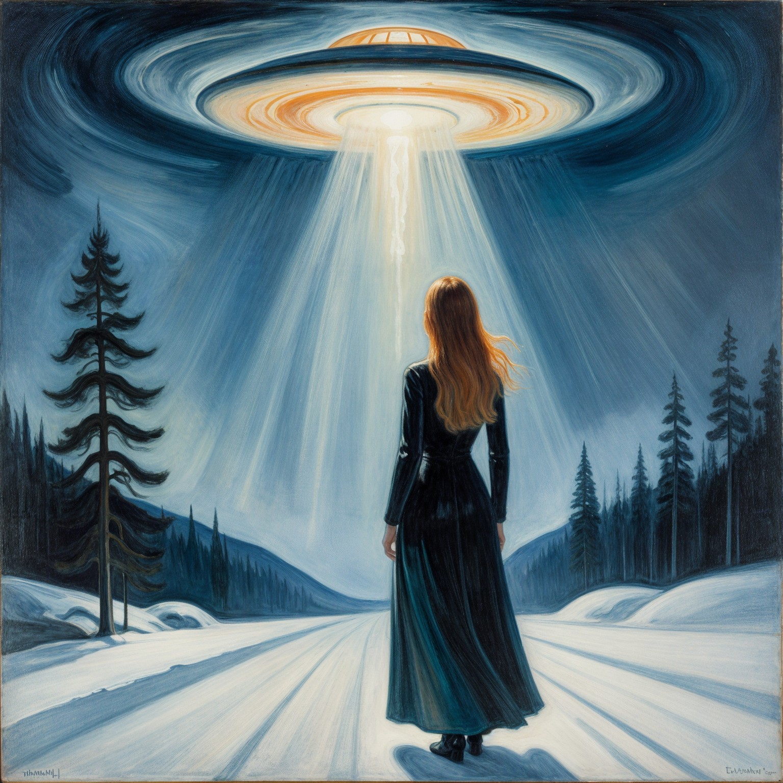 Woman in Black Dress Under UFO on Snowy Road