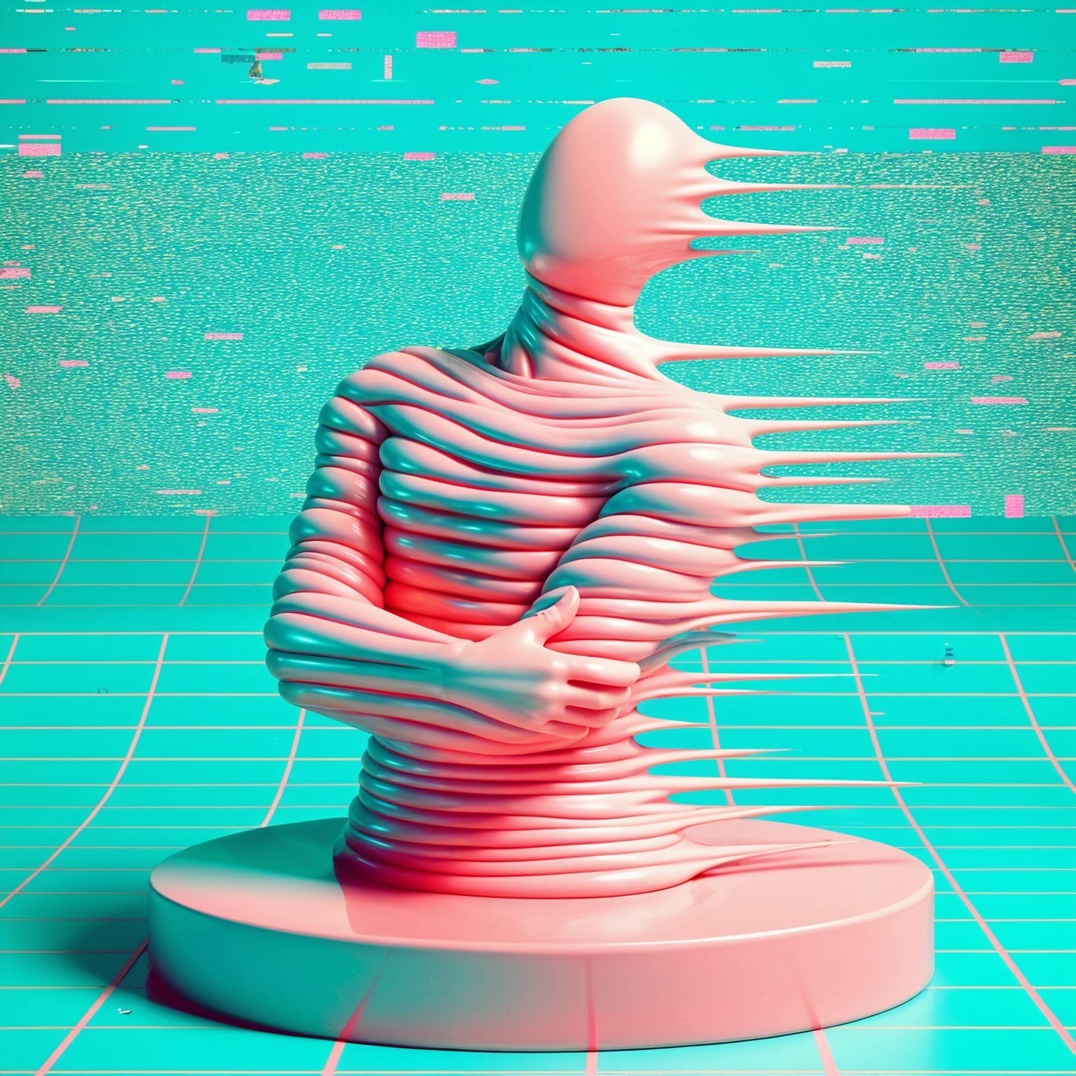 Surreal Pink Sculpture with Fluid Lines on Turquoise Background