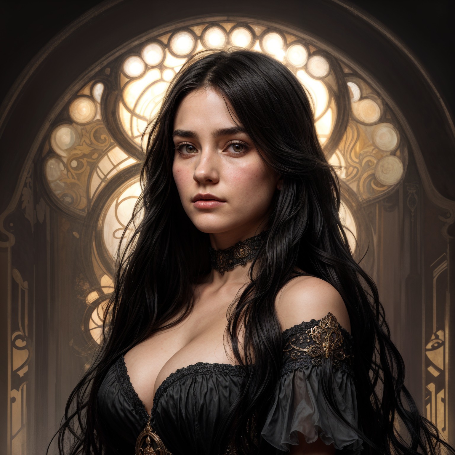 Portrait of a Young Woman with Stained Glass Background