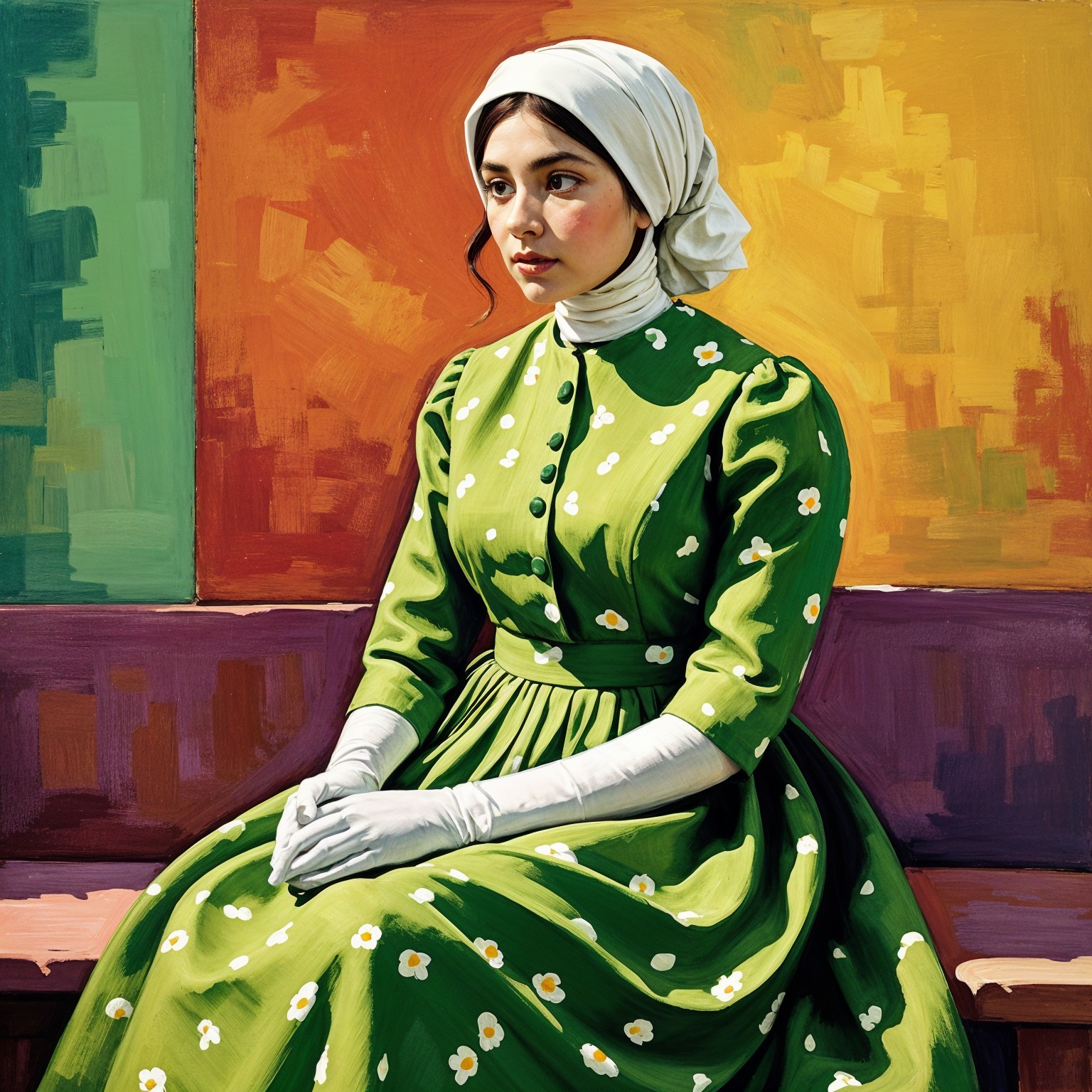 Young woman in green dress with daisies and gloves