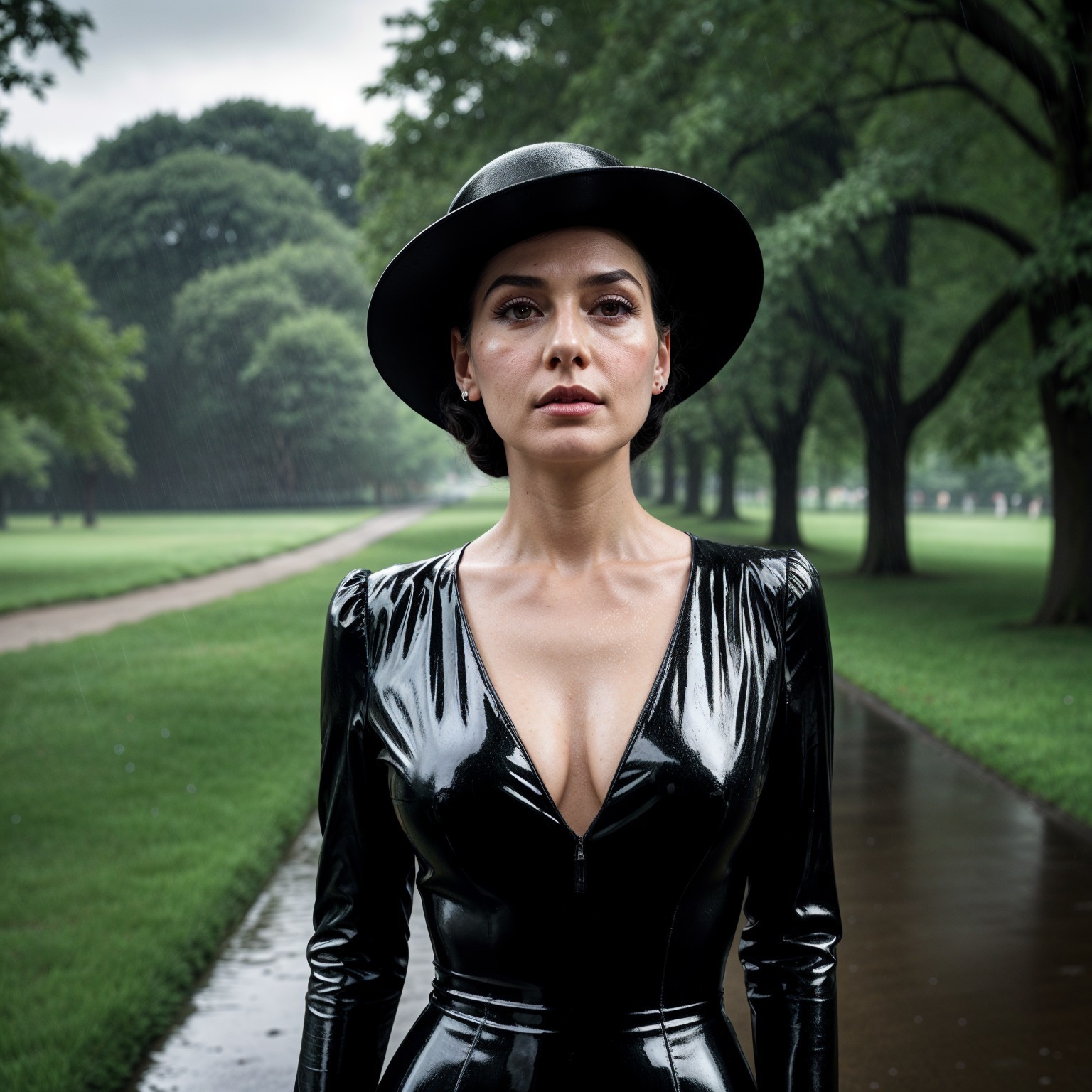 Woman in Black Latex Dress in Rainy Park Setting