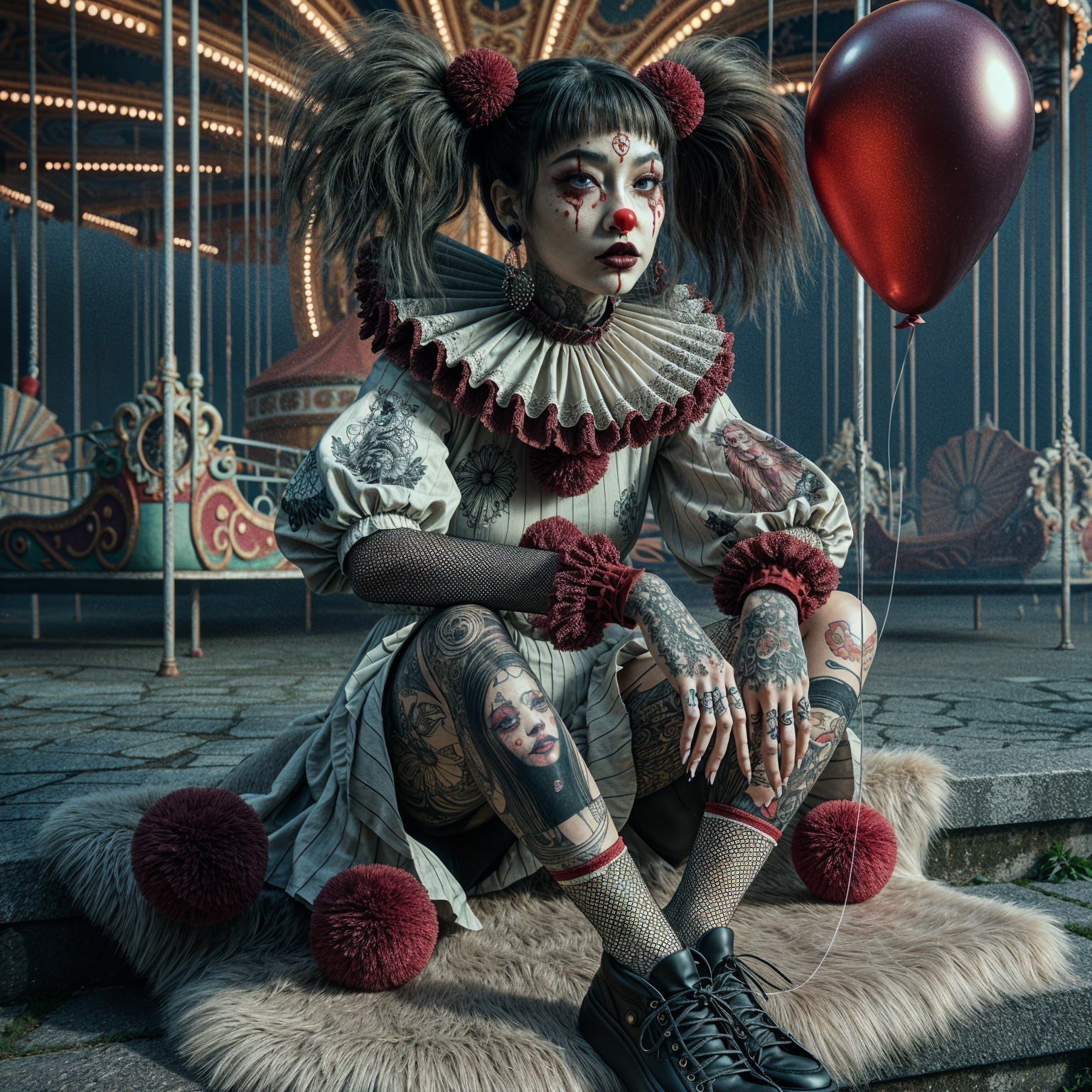 Whimsical Clown Figure on Plush Surface with Carousel