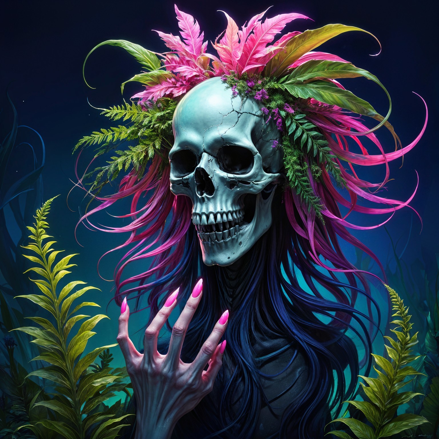 Skull Surrounded by Vibrant Foliage and Plants