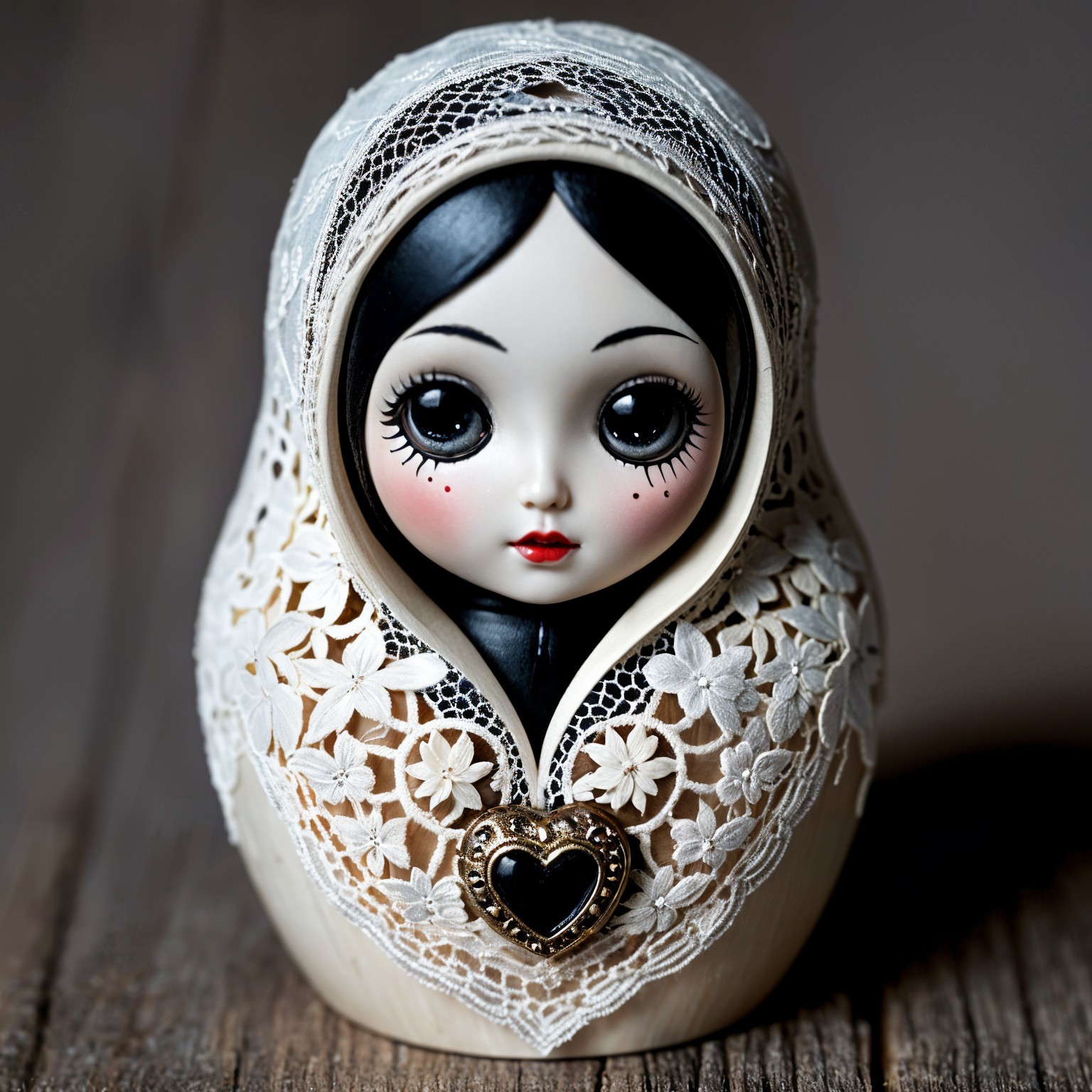 Crafted Doll with Lace Headscarf and Vintage Charm
