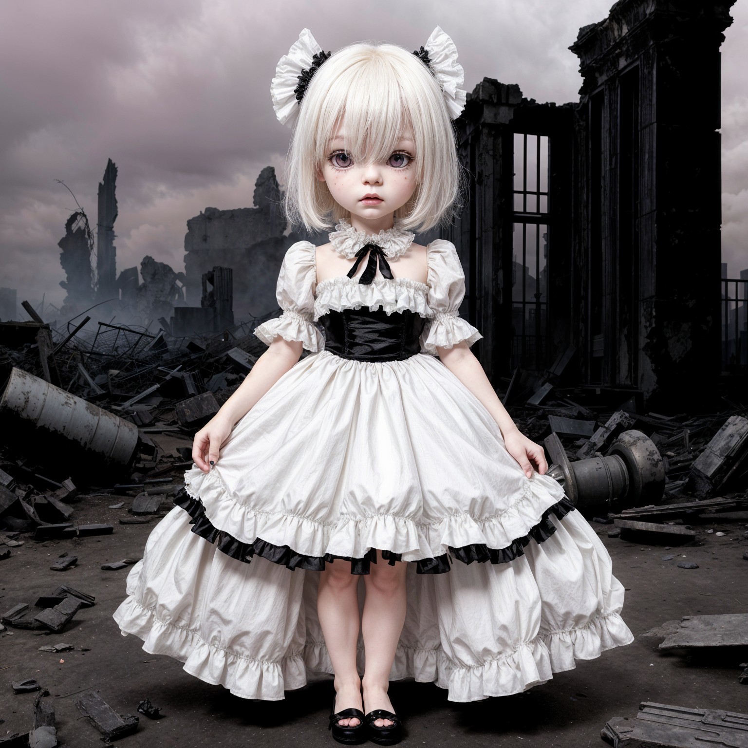 Doll-like Figure in Post-Apocalyptic Landscape