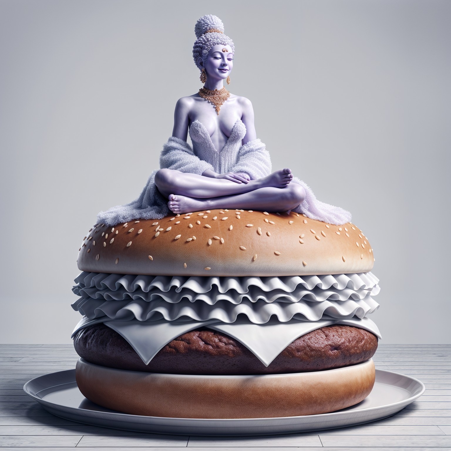 Surreal Hamburger with Elegant Figure and Textured Layers