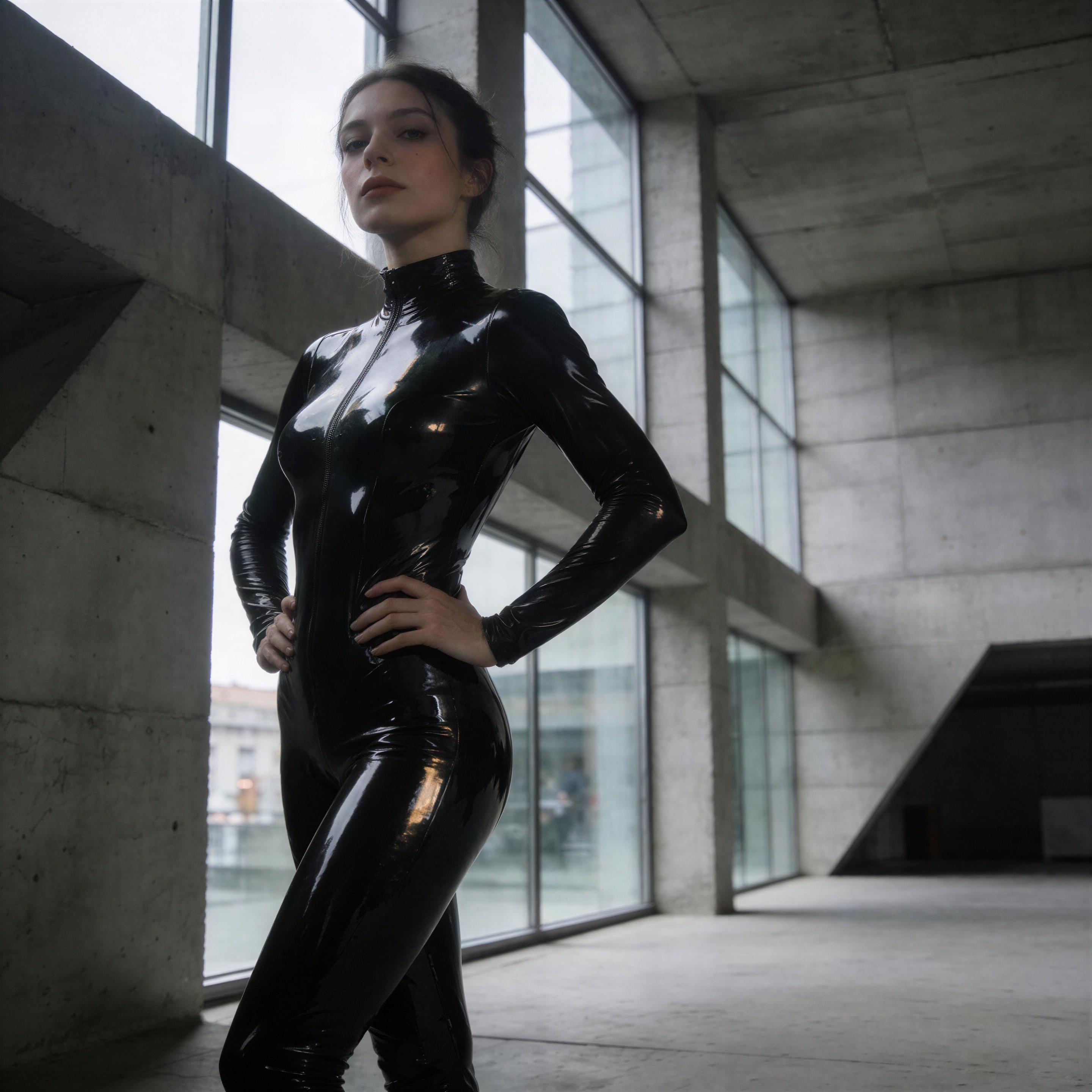 Young Woman in Black Latex Catsuit in Concrete Setting