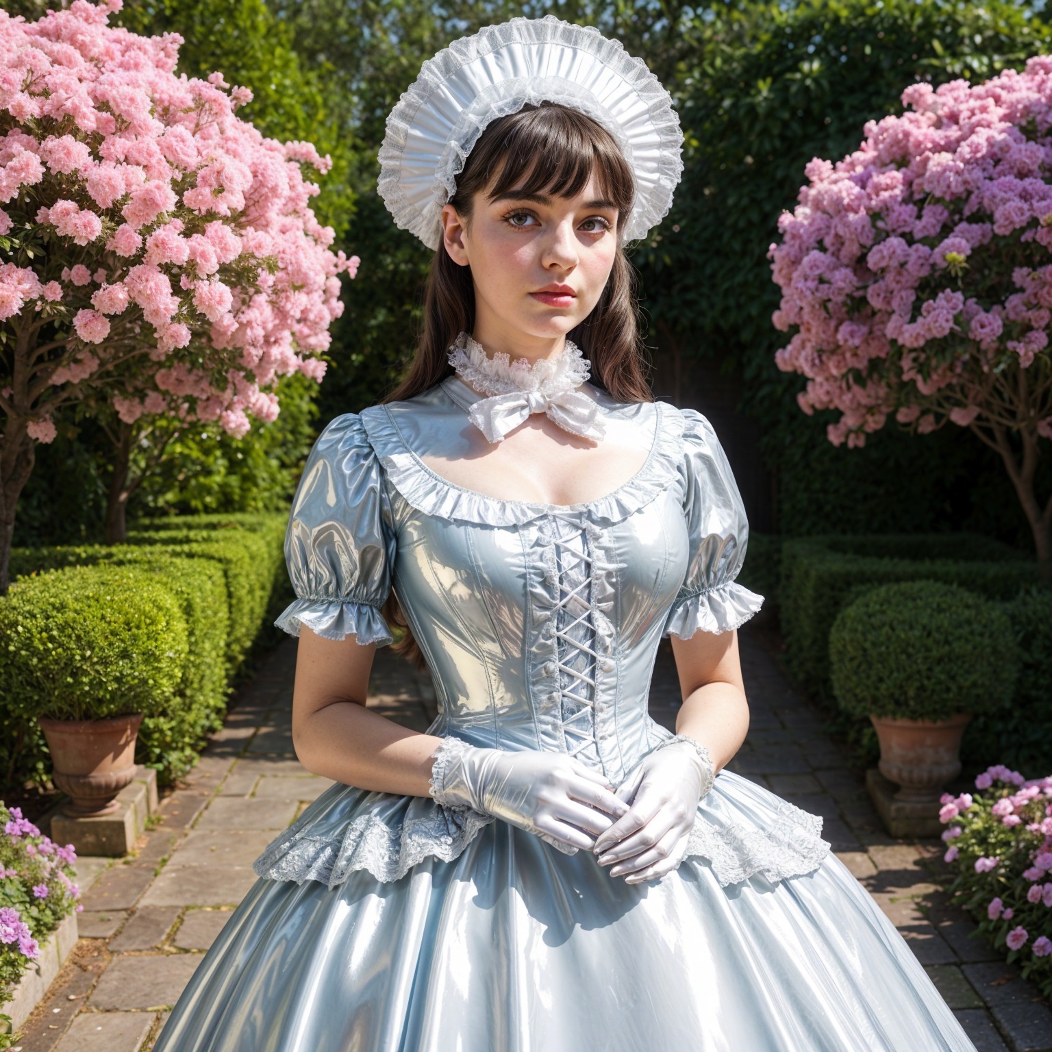 Young Woman in Silver Gown in Lush Garden Setting