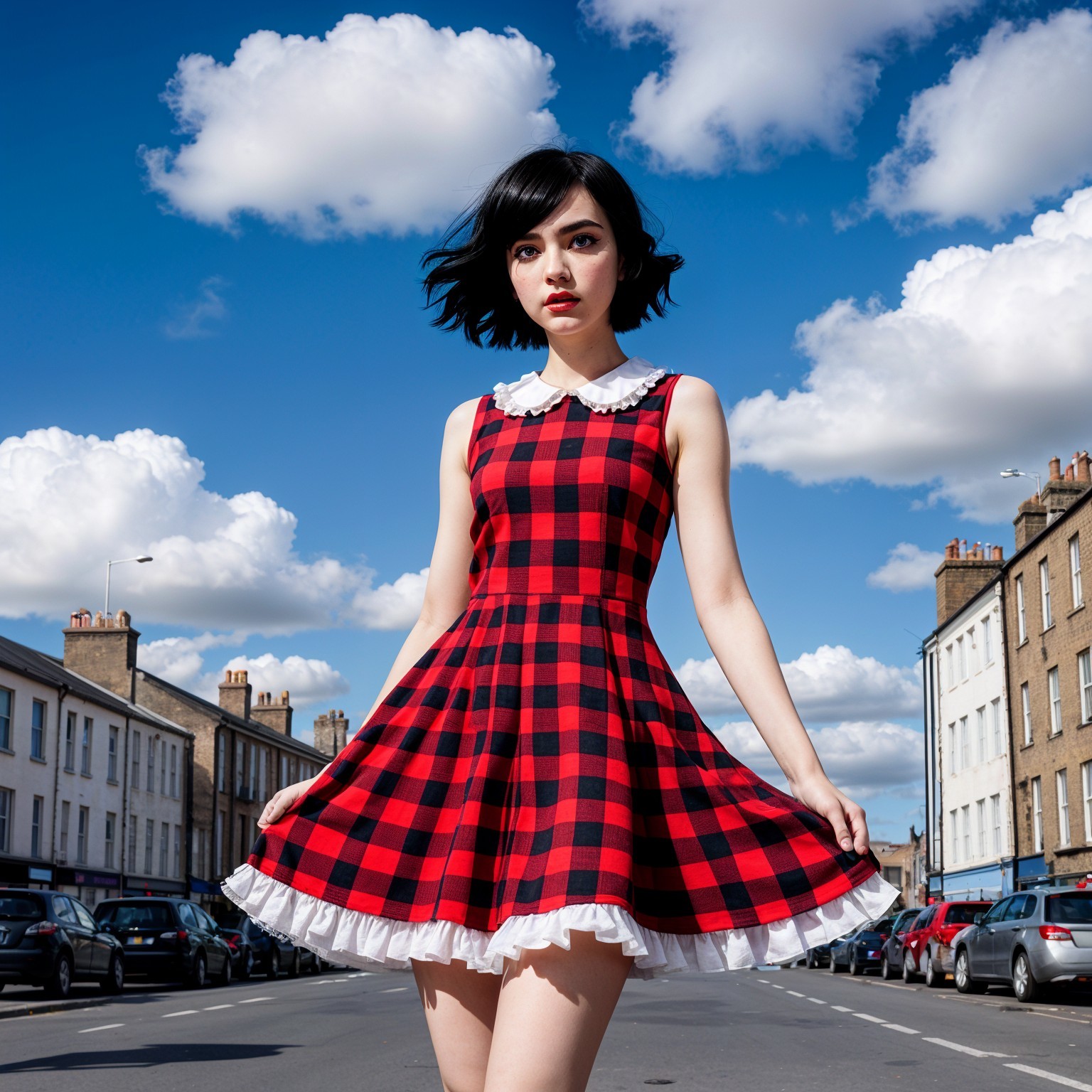 Young Woman in Vintage Dress on Bright Urban Street