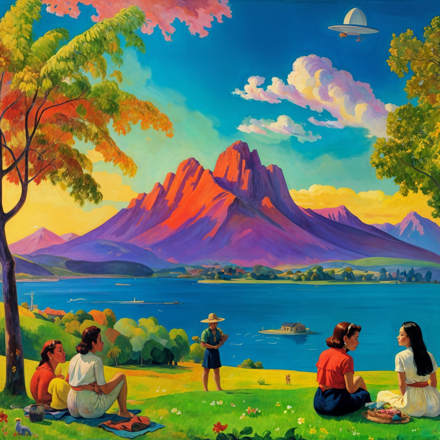 Vibrant Picnic Scene by a Serene Lake and Mountains
