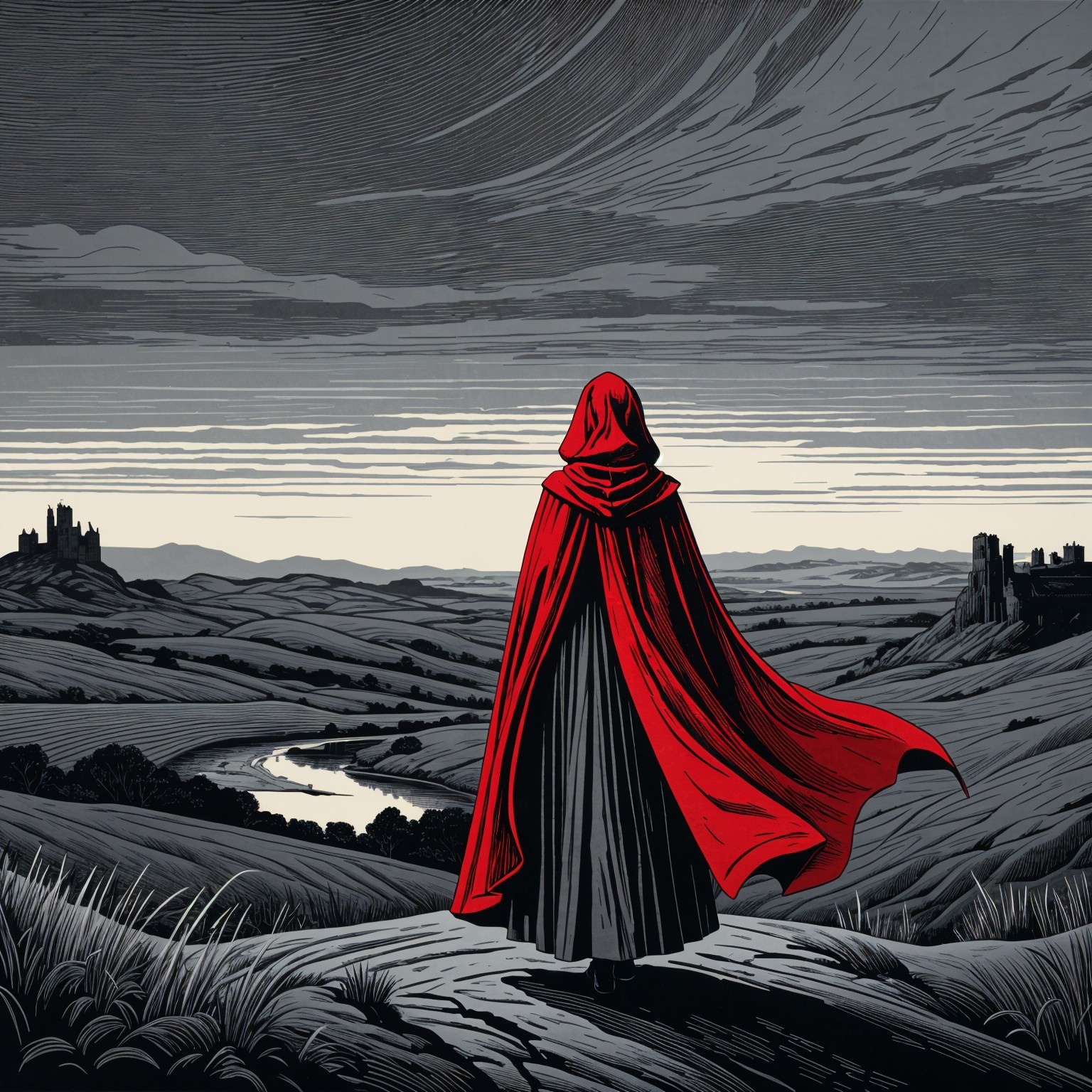 Cloaked Figure in Red Hood on Winding Path Landscape