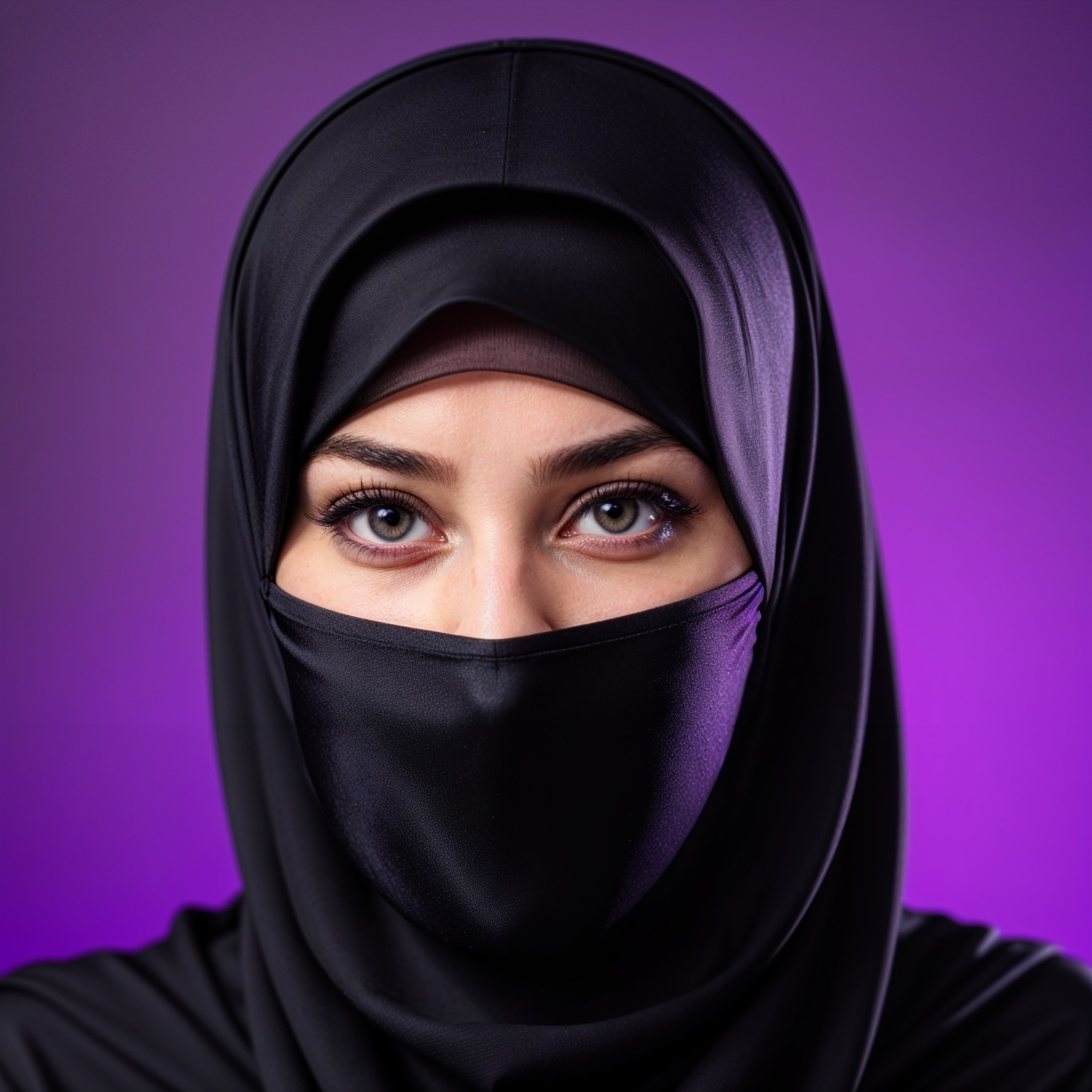 Close-Up Portrait of Woman in Black Hijab with Purple Background