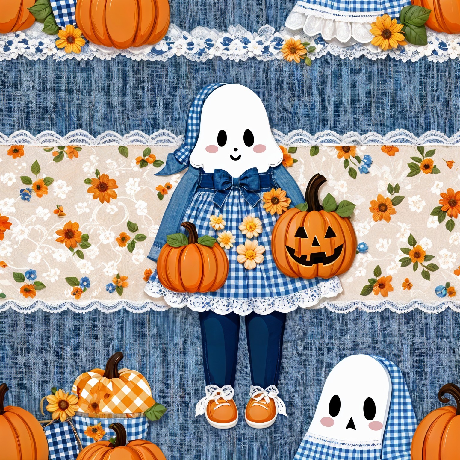 Cartoon Ghost in Blue Dress Surrounded by Pumpkins
