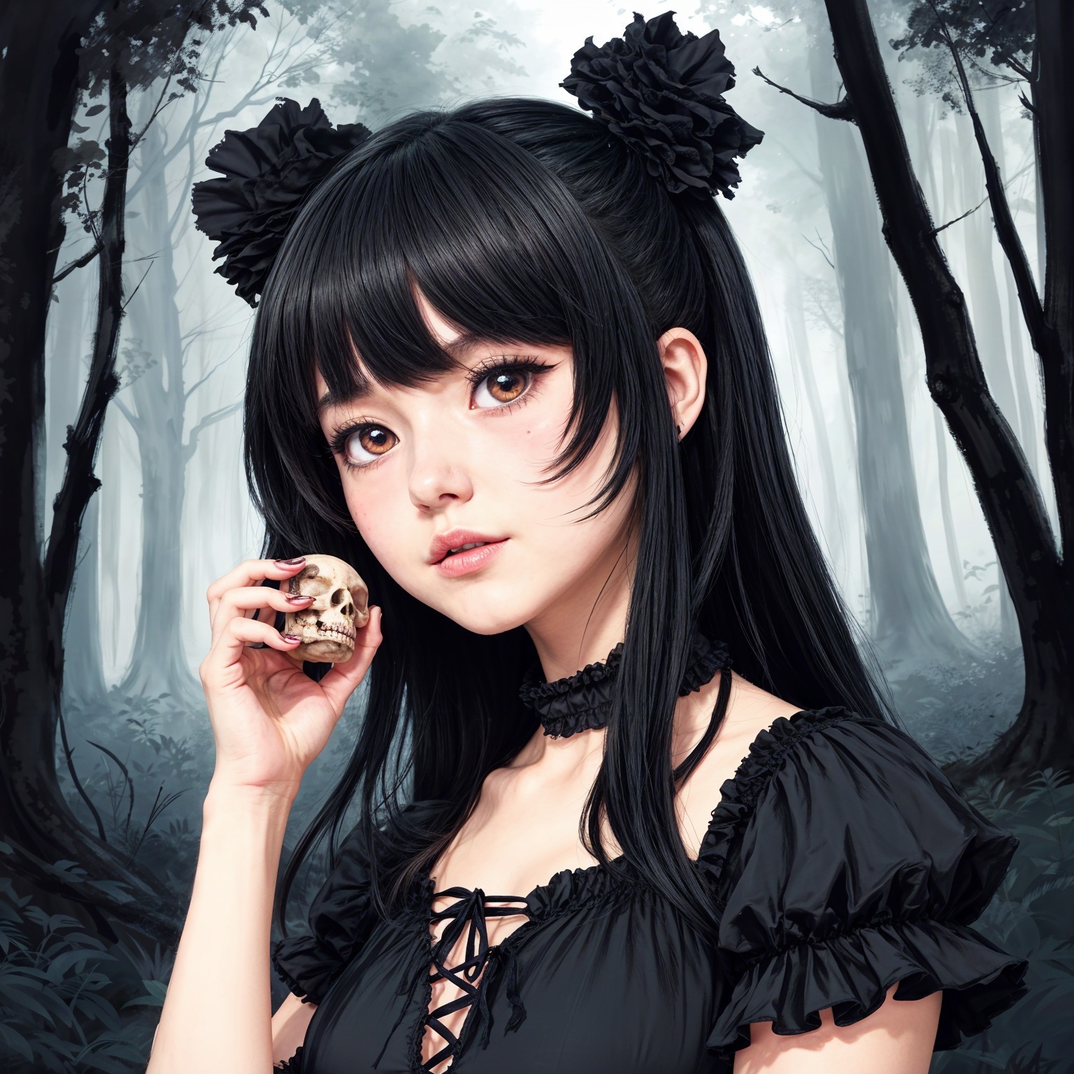 Young Woman in Floral Pigtails with Skull in Forest