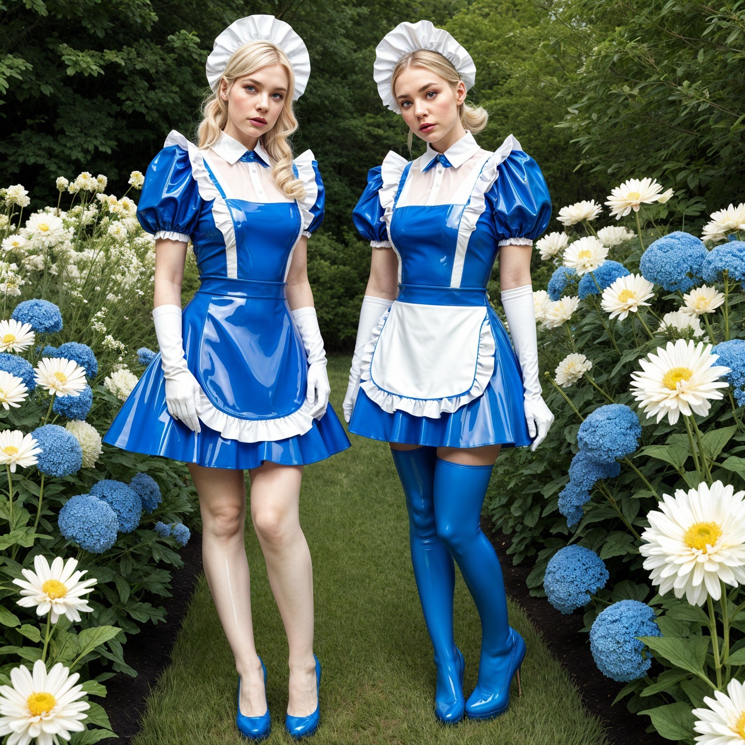 Models in Blue Dresses in Vibrant Garden Setting