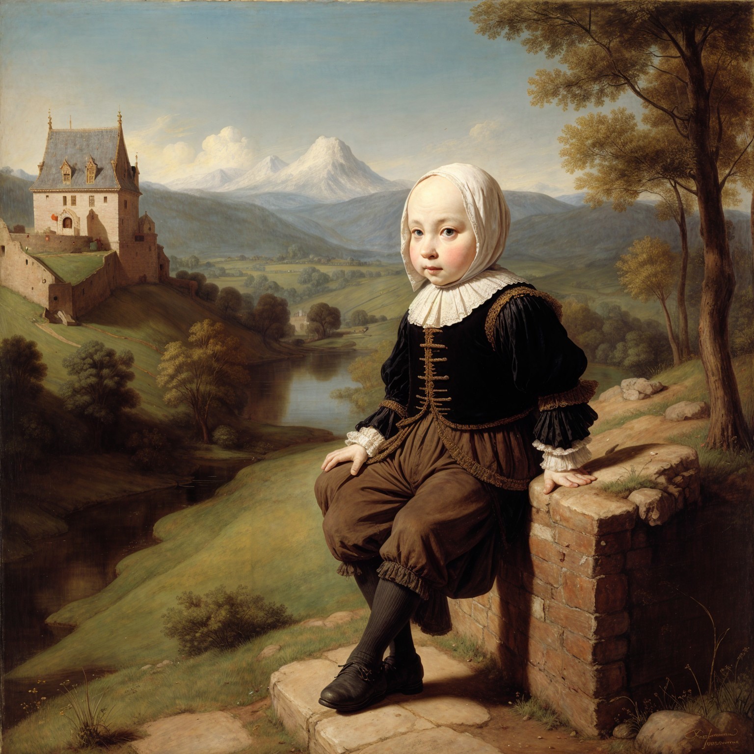 Child on Brick Wall with Scenic Landscape Background