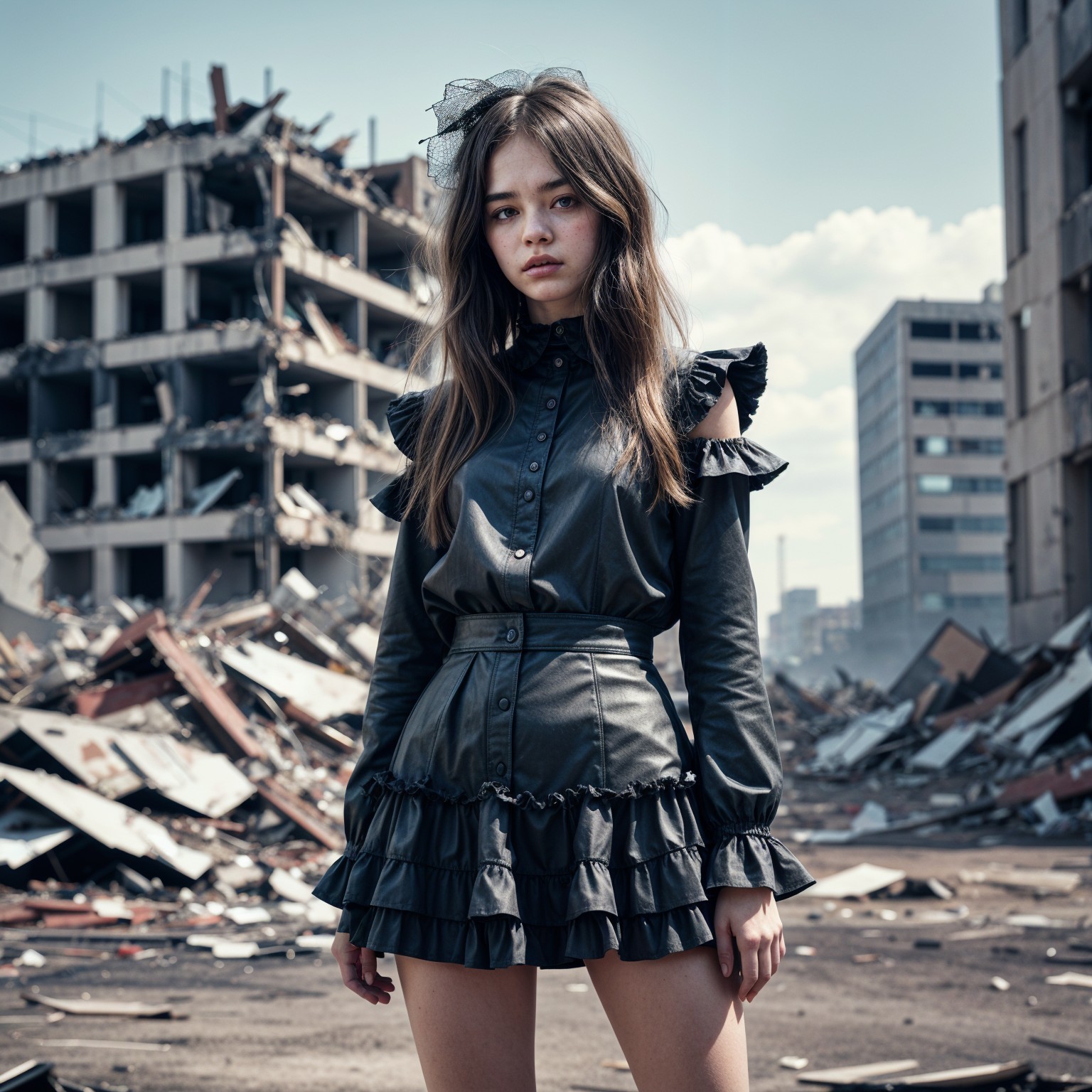Young Woman in Black Dress in Urban Ruins