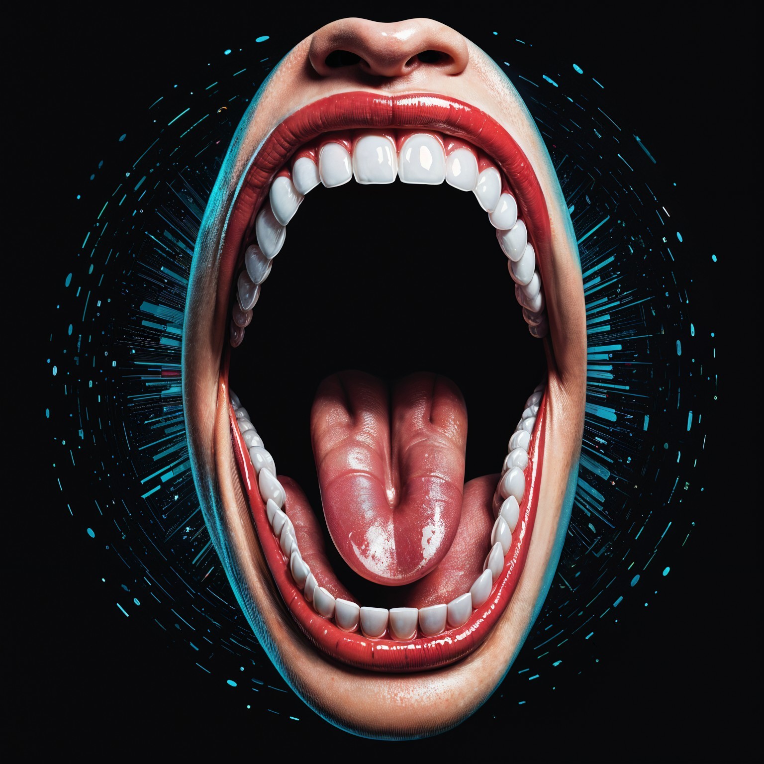 Stylized Open Mouth with Bright Teeth and Abstract Patterns