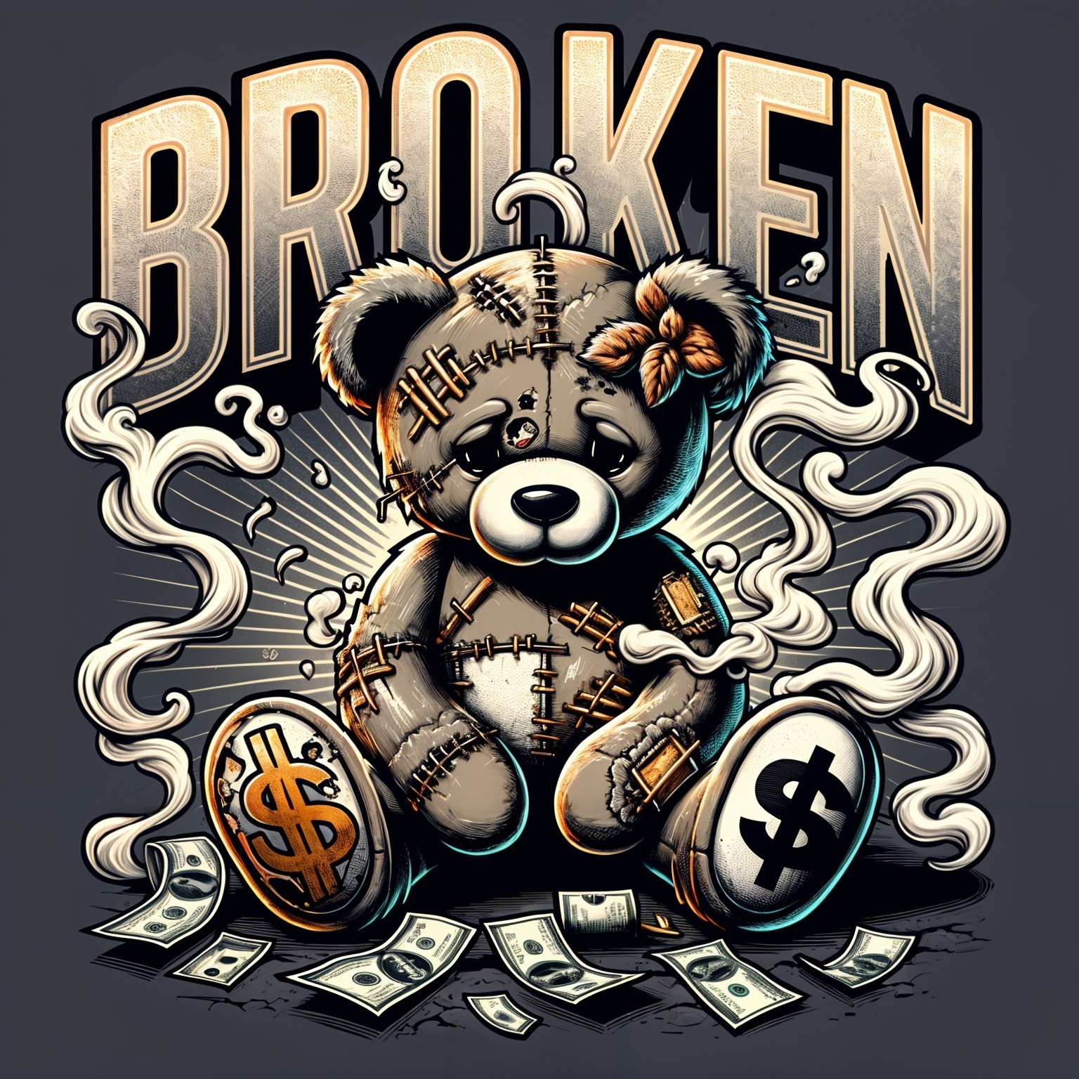 Distressed teddy bear with dollar bills and "BROKEN" theme