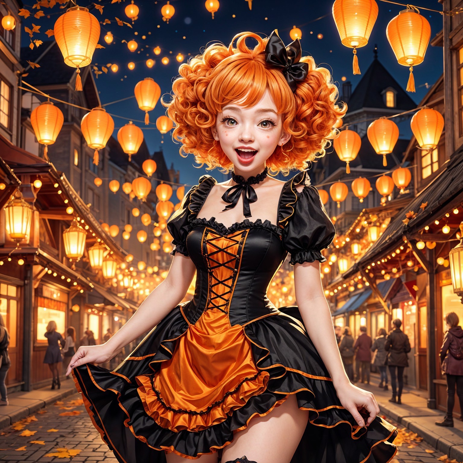 Lively street scene with glowing lanterns and vibrant attire
