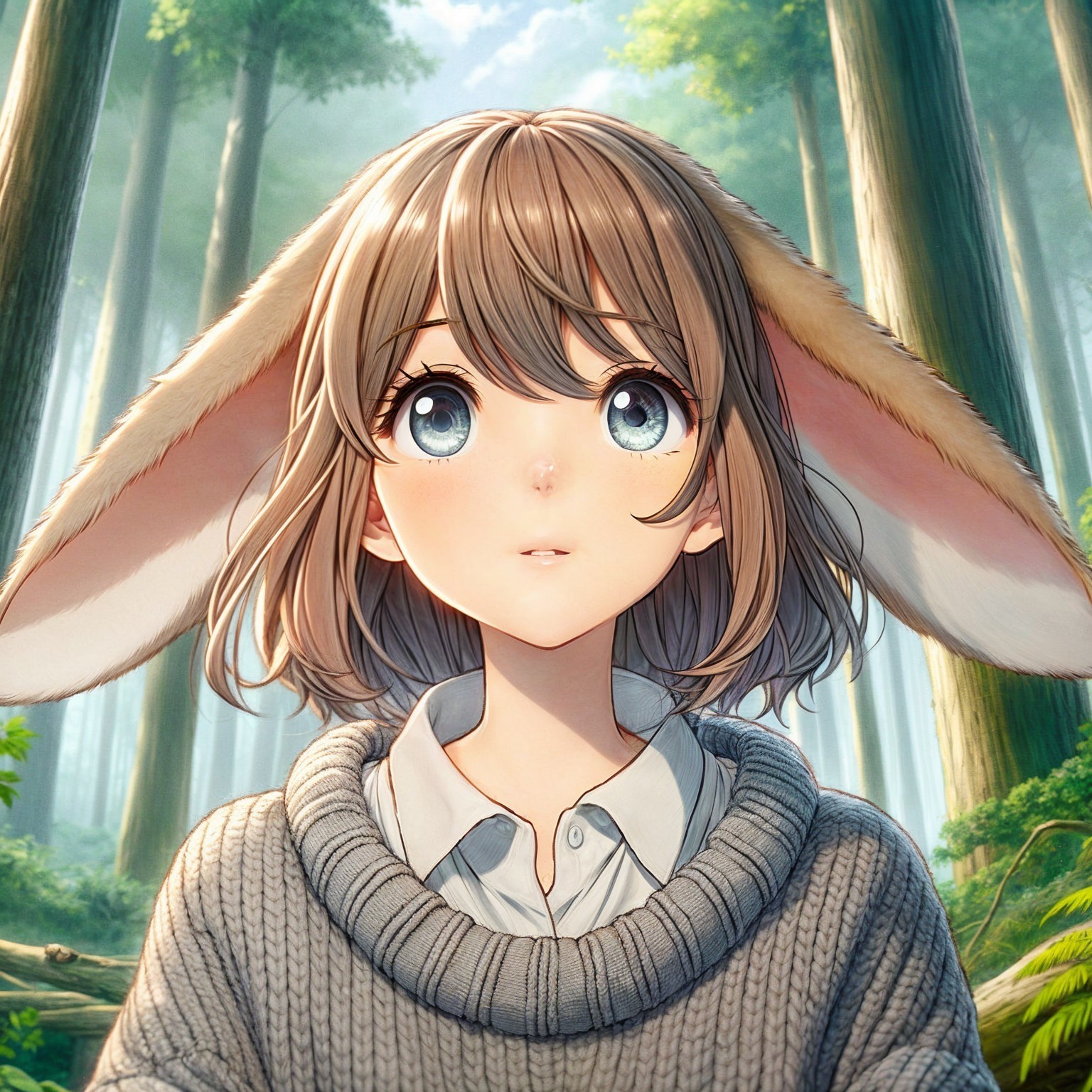 Young girl with rabbit ears in a magical forest setting