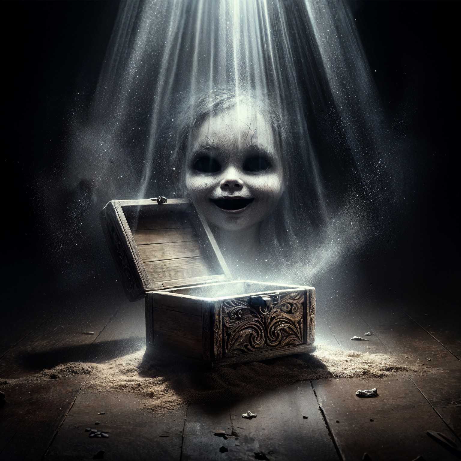 Eerie Wooden Chest with Ghostly Doll Head in Dust