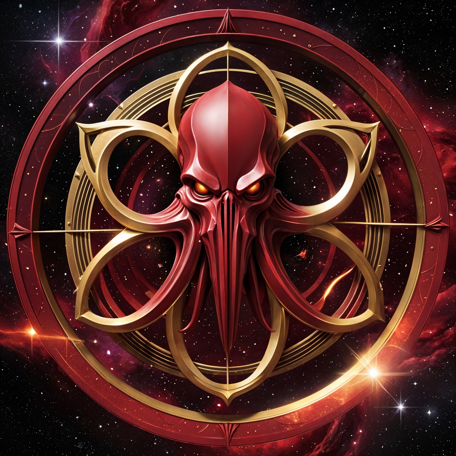 Red Octopus Creature with Skull and Cosmic Background