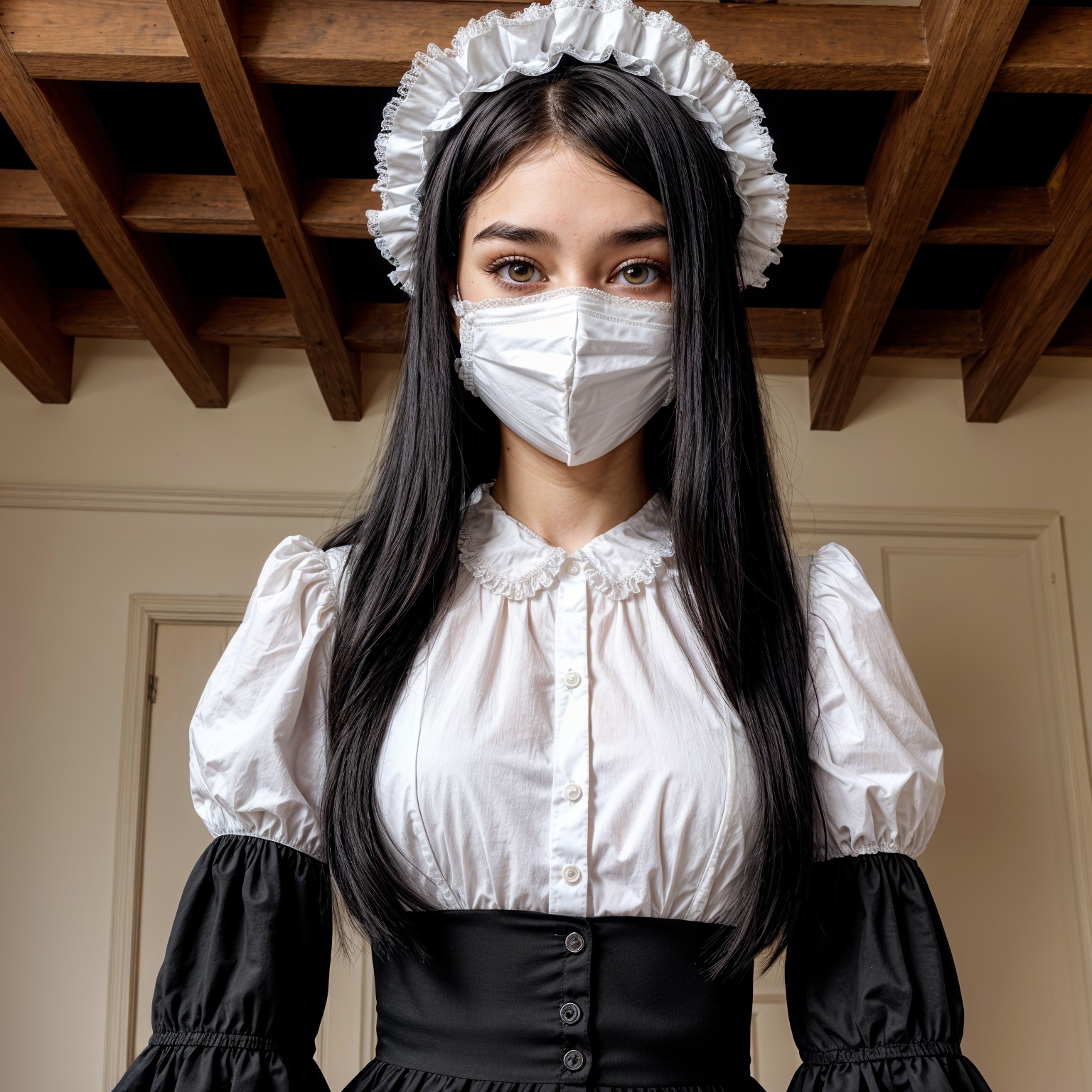Young woman in black and white outfit with mask