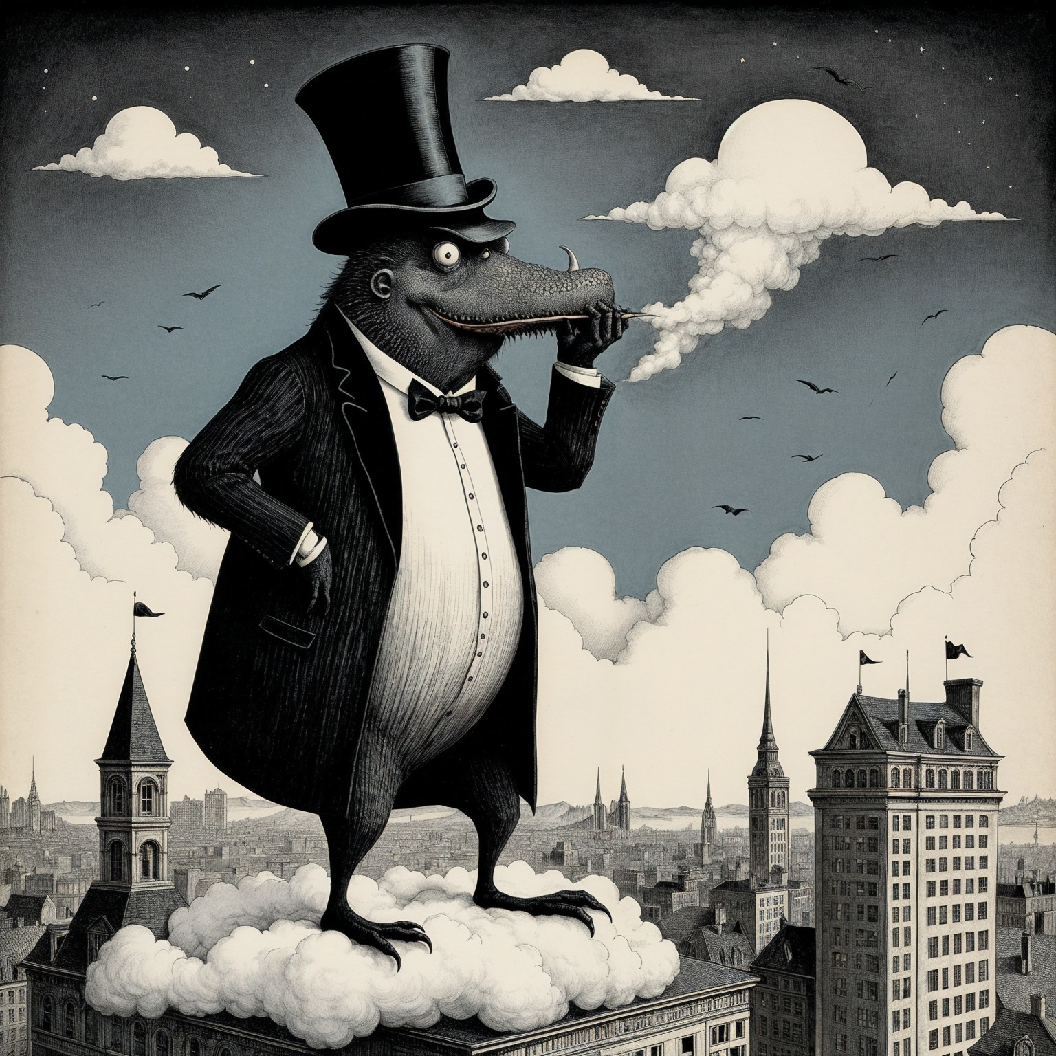 Walrus-like creature in tuxedo atop a cloud scene