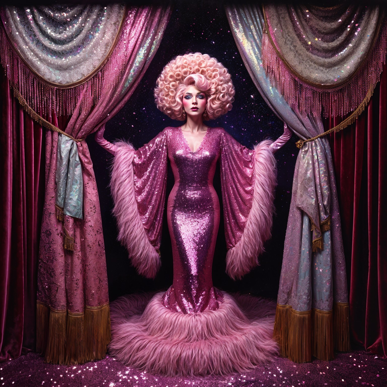 Glamorous Figure in Sequined Pink Gown with Stars
