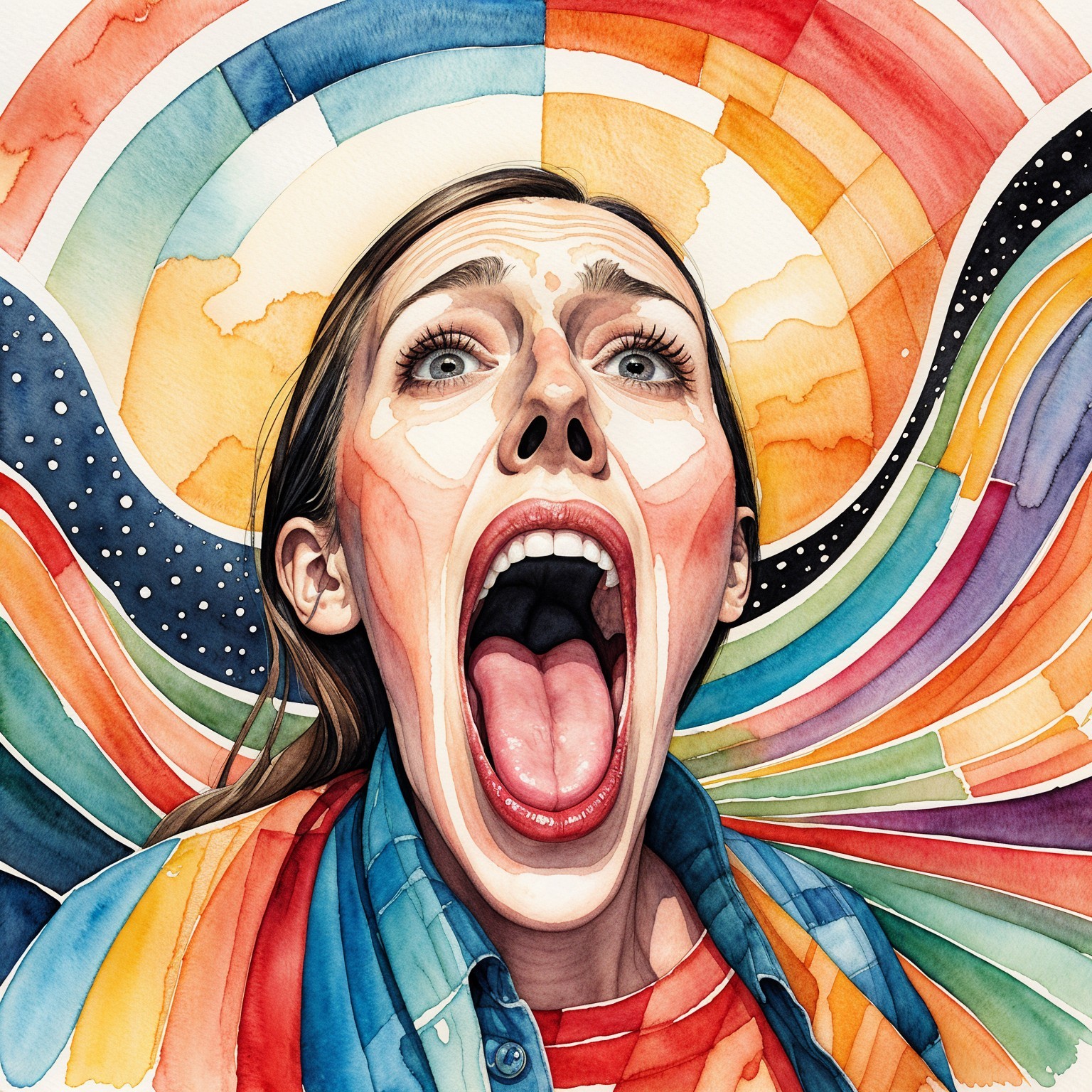 Abstract Watercolor Illustration of a Screaming Woman