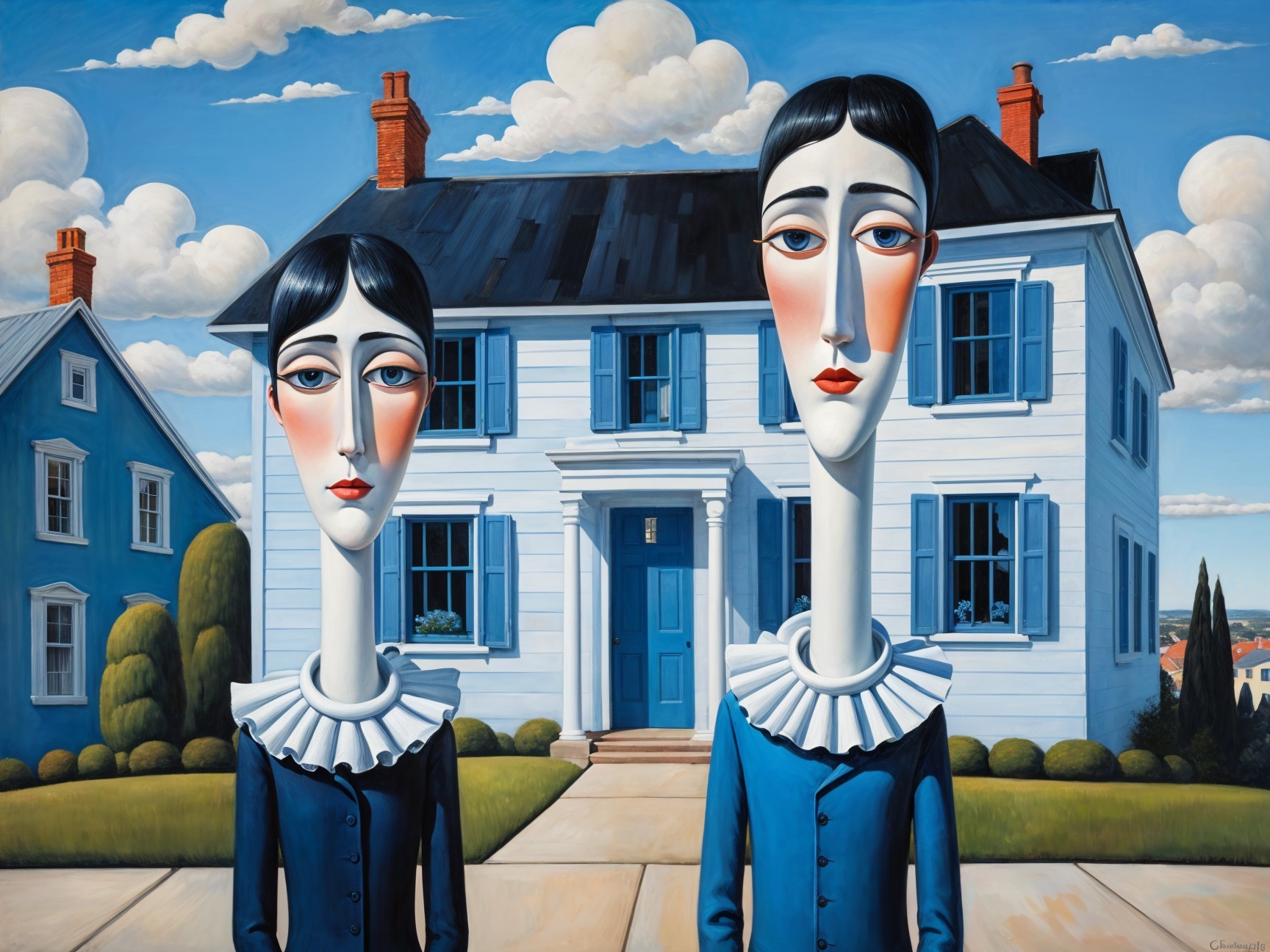 Tall Figures in Blue Outfits by a Blue and White House