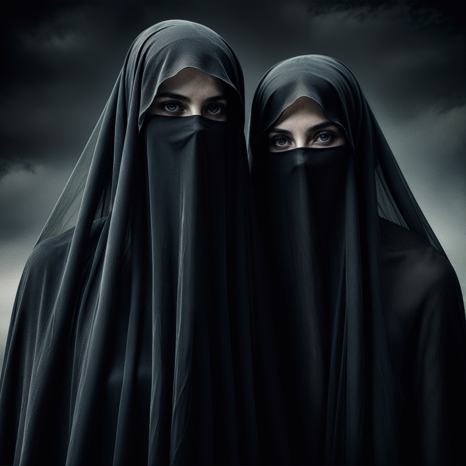 Mysterious Figures in Dark Fabric Against Dramatic Sky