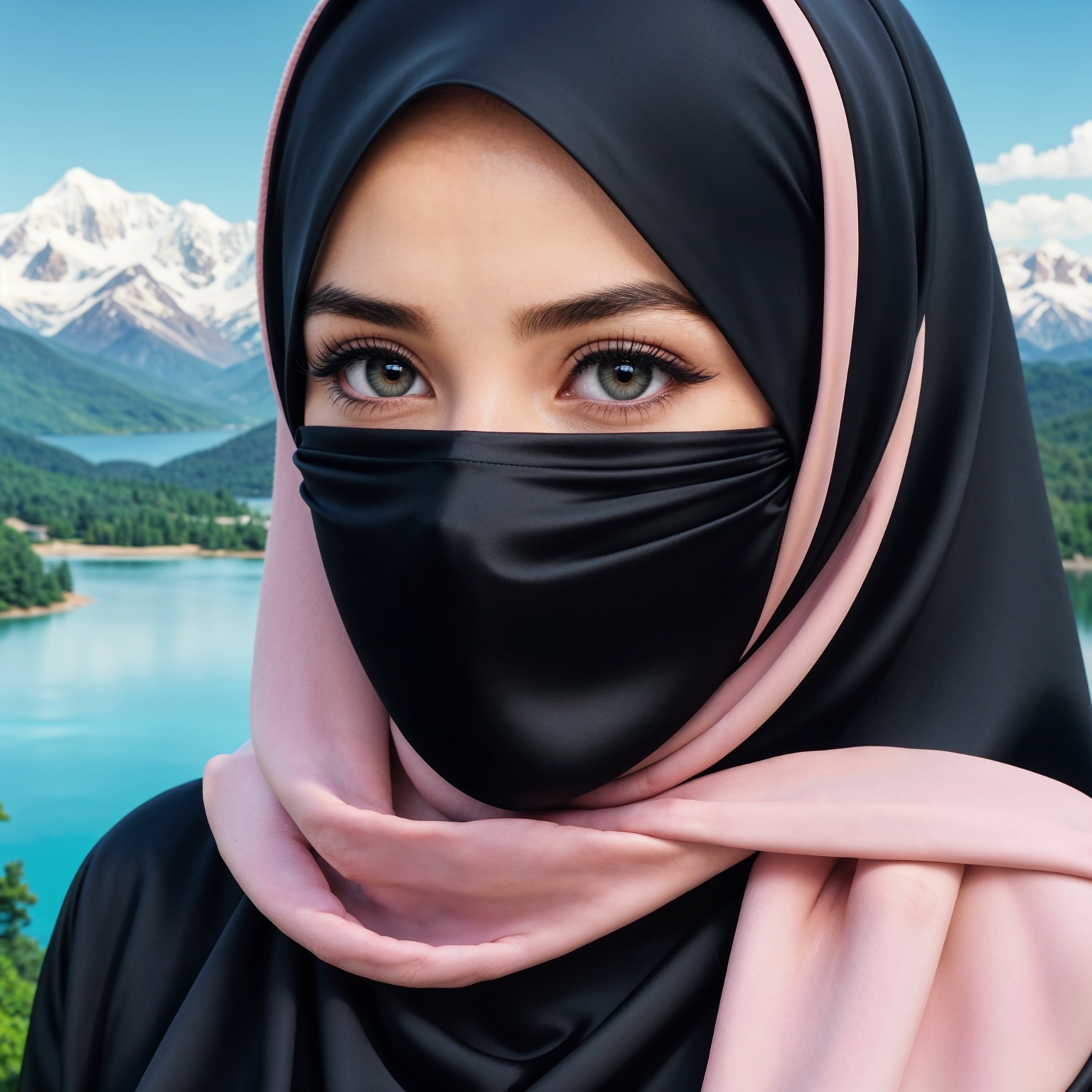 Young Woman in Hijab Against Mountain Lake Landscape