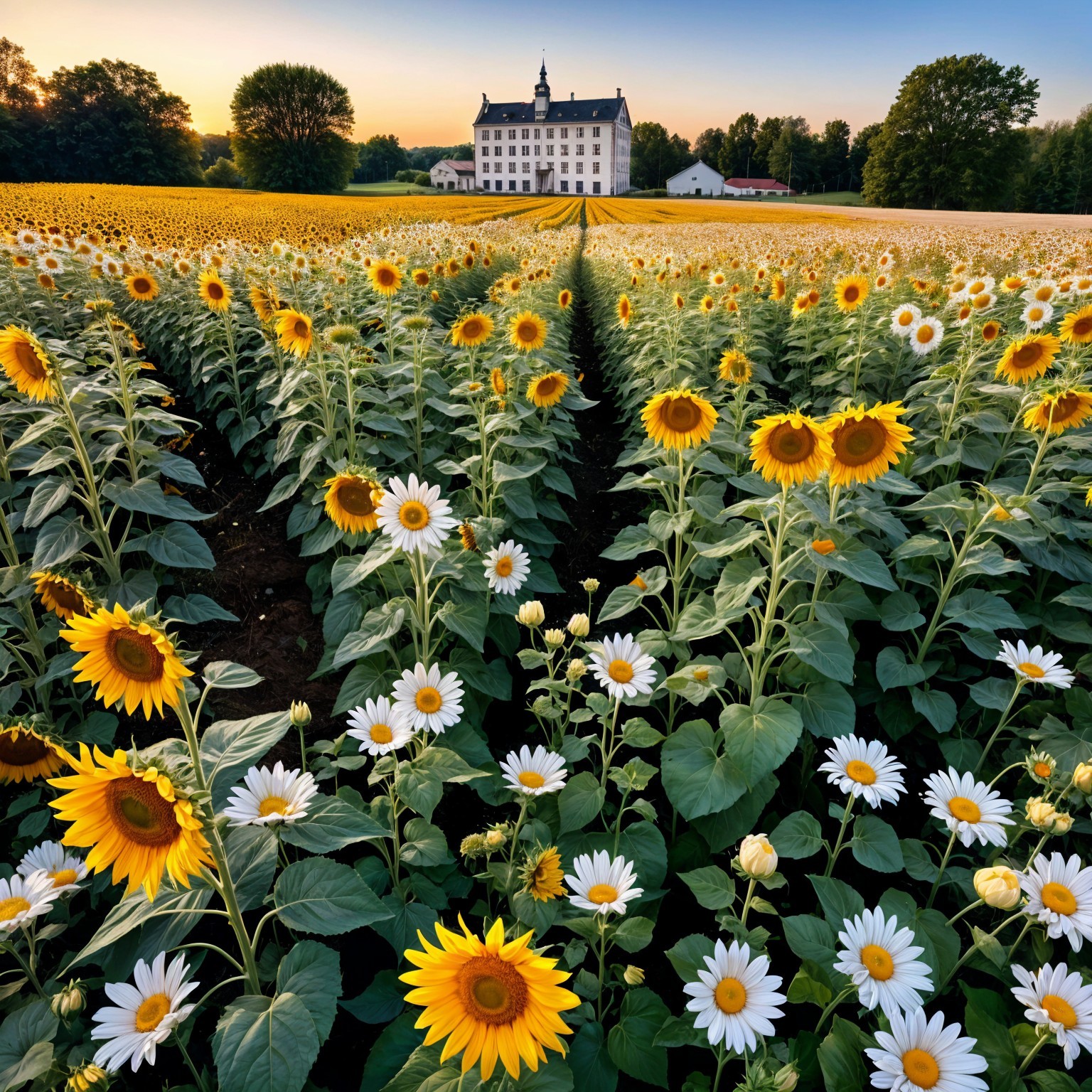Vibrant Sunflower and Daisy Fields with White Building