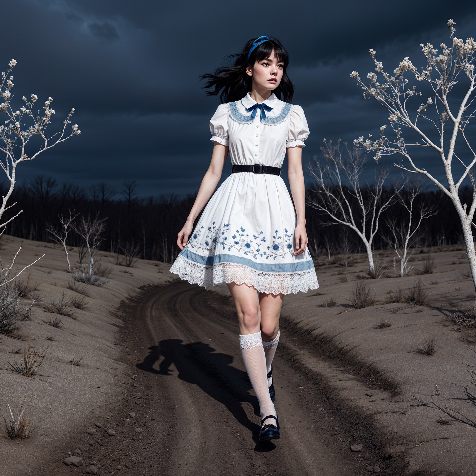 Young woman in vintage dress on deserted dirt path