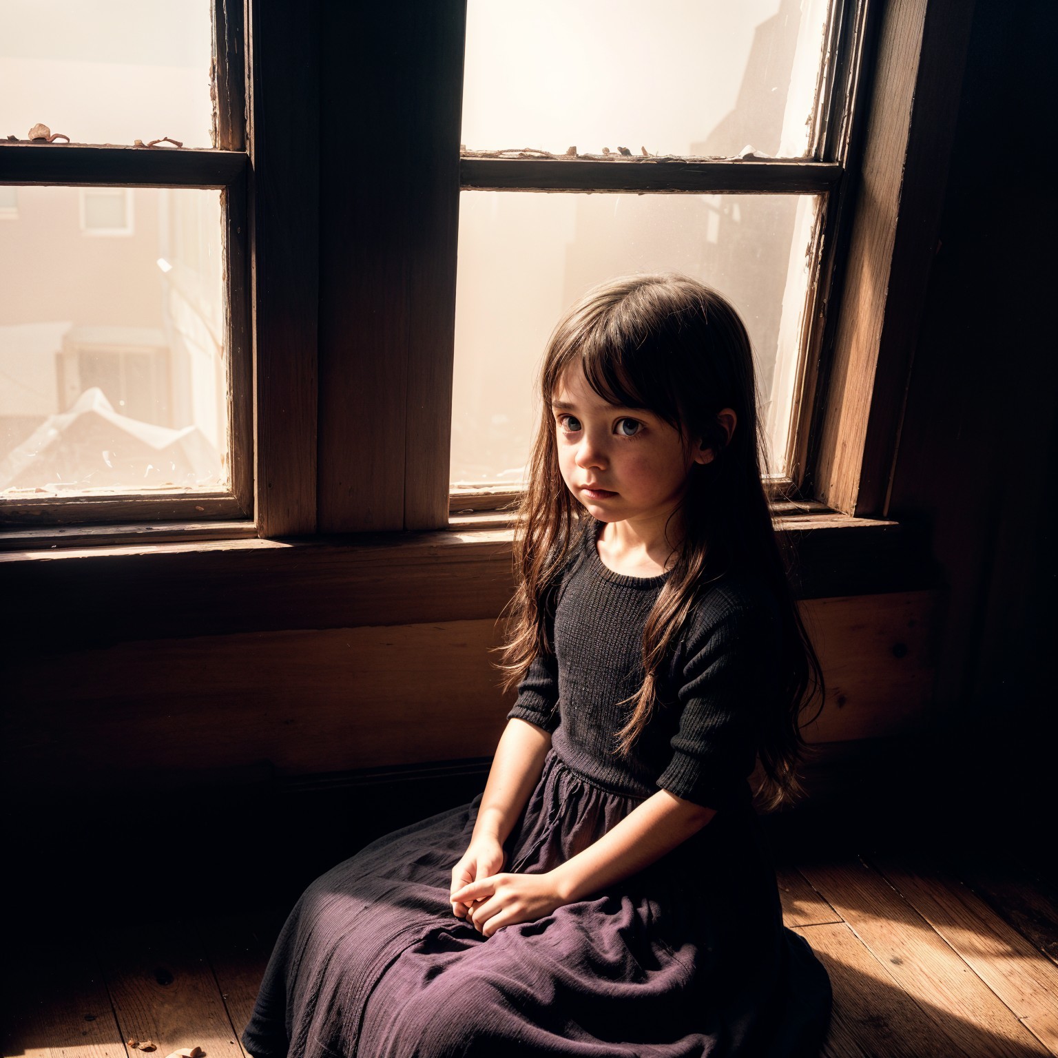 Young girl in purple skirt by window in serene room