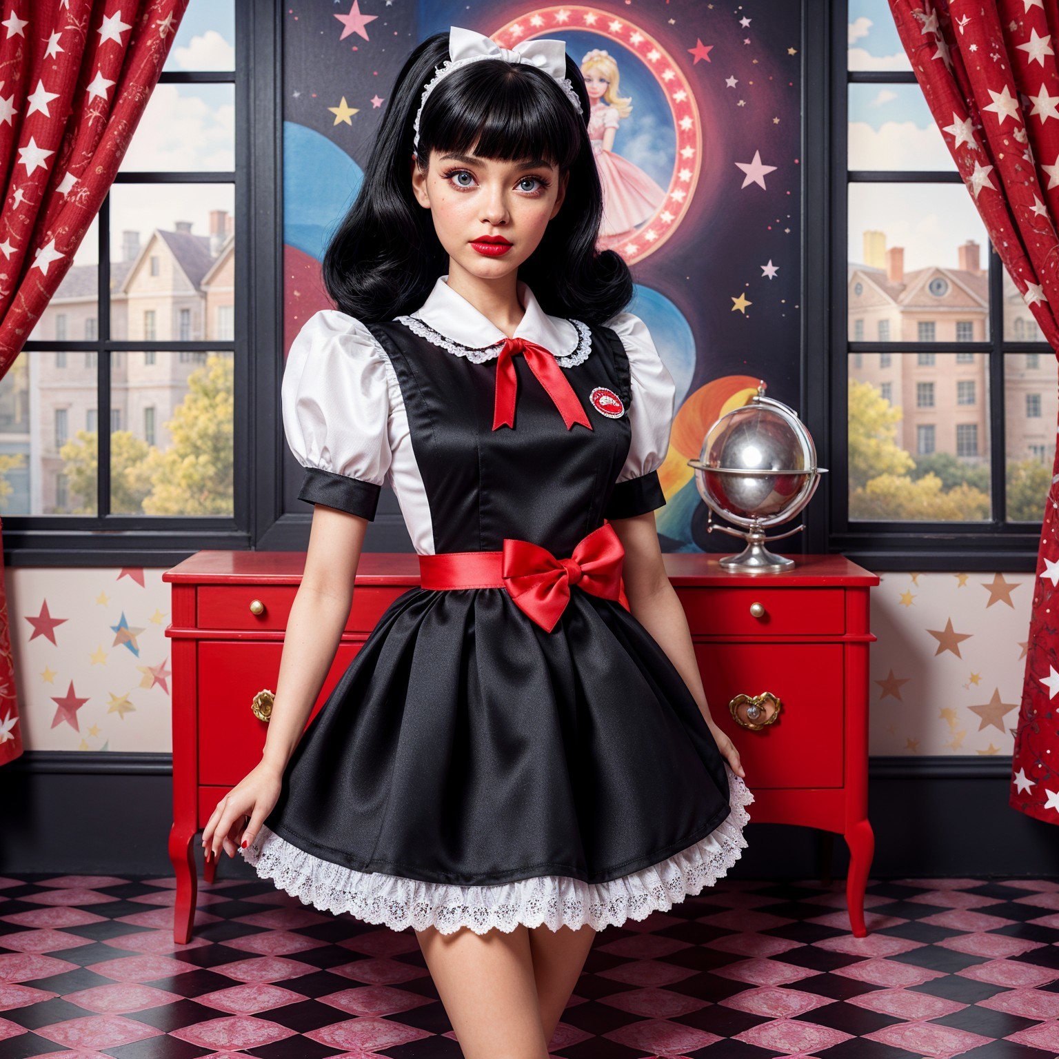 Young woman in black and white dress with red bow