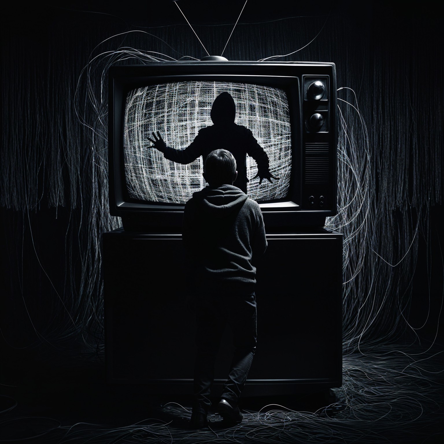 Dimly Lit Room with Vintage TV and Eerie Shadows