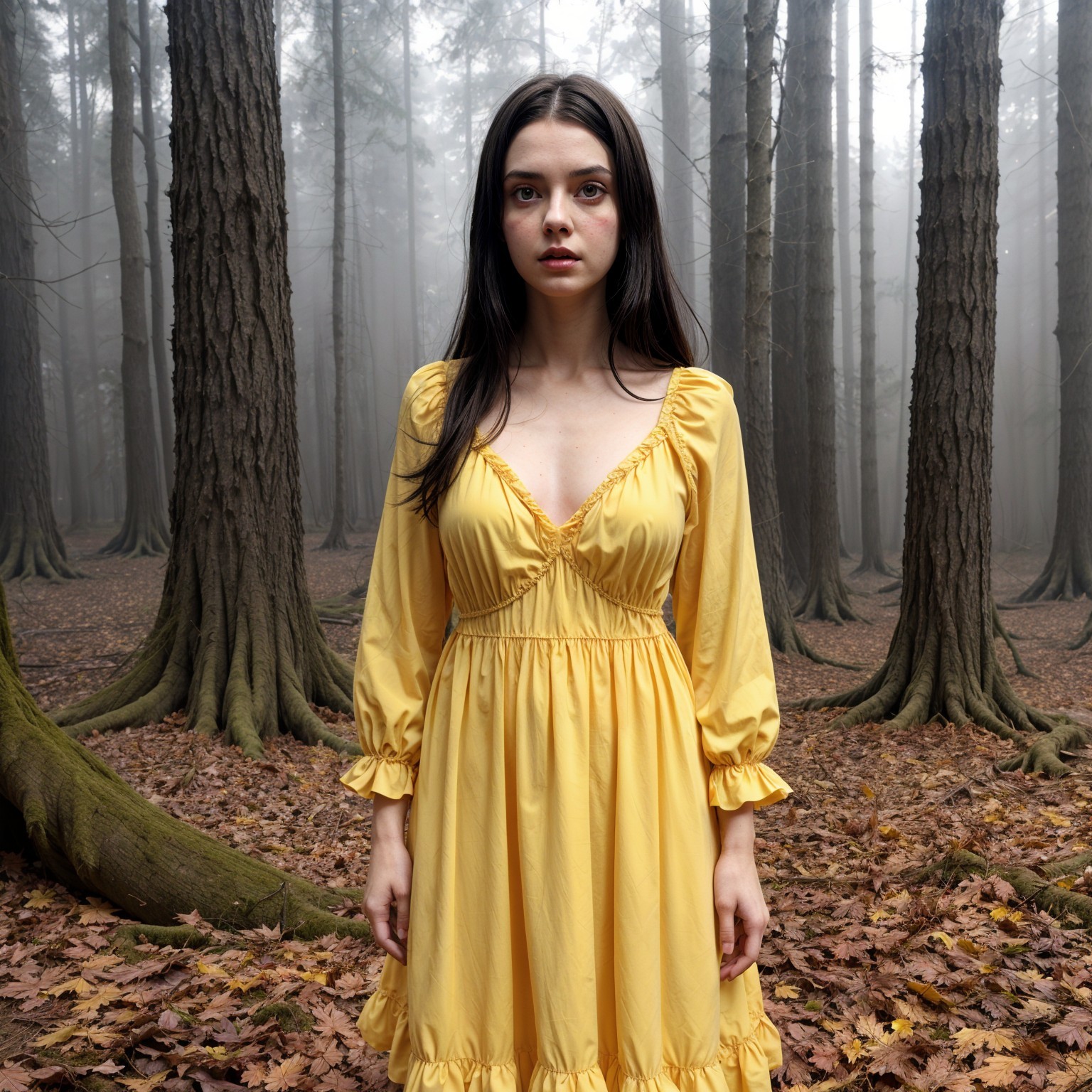 Young Woman in Yellow Dress in Misty Forest Setting