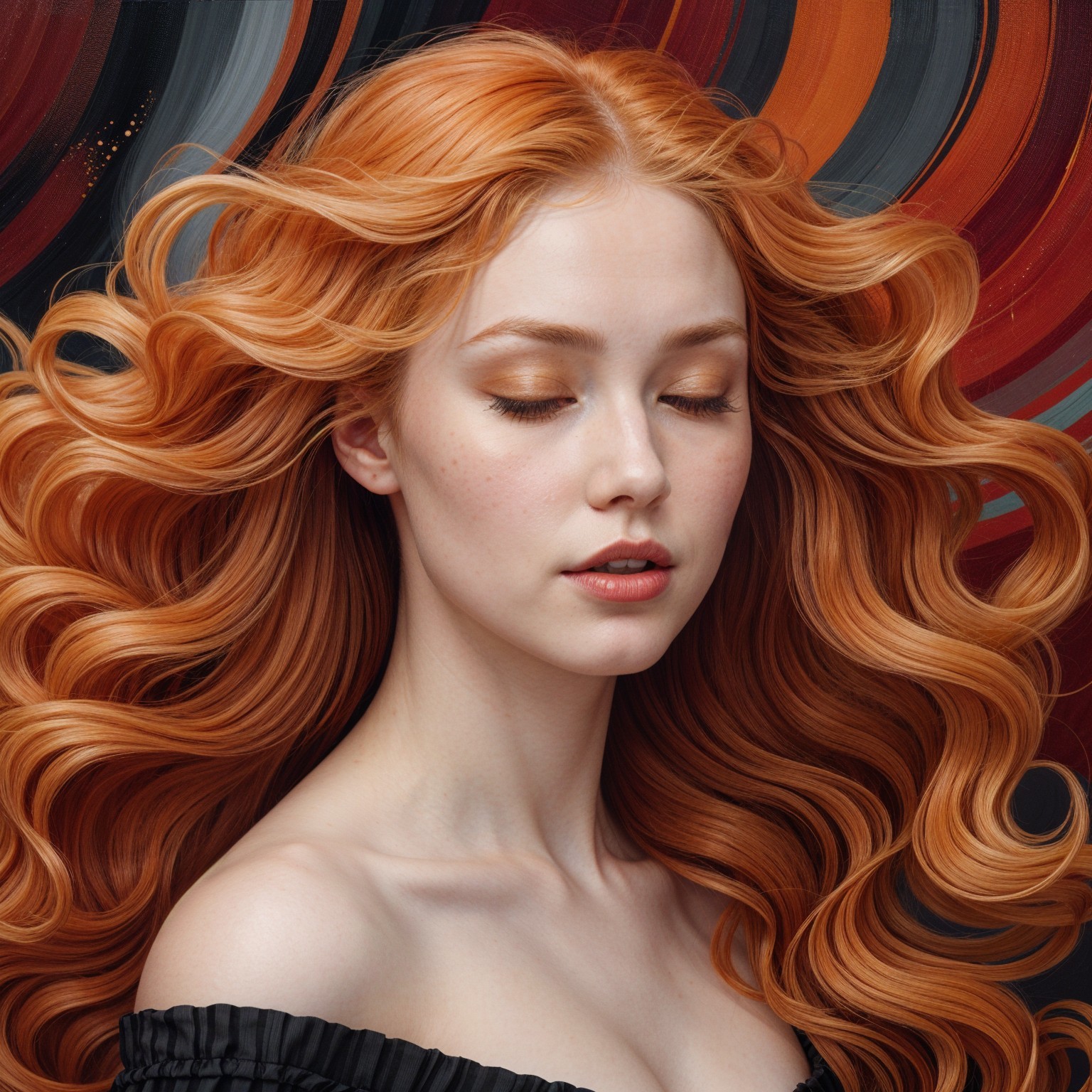 Portrait of a woman with flowing orange hair and serene expression